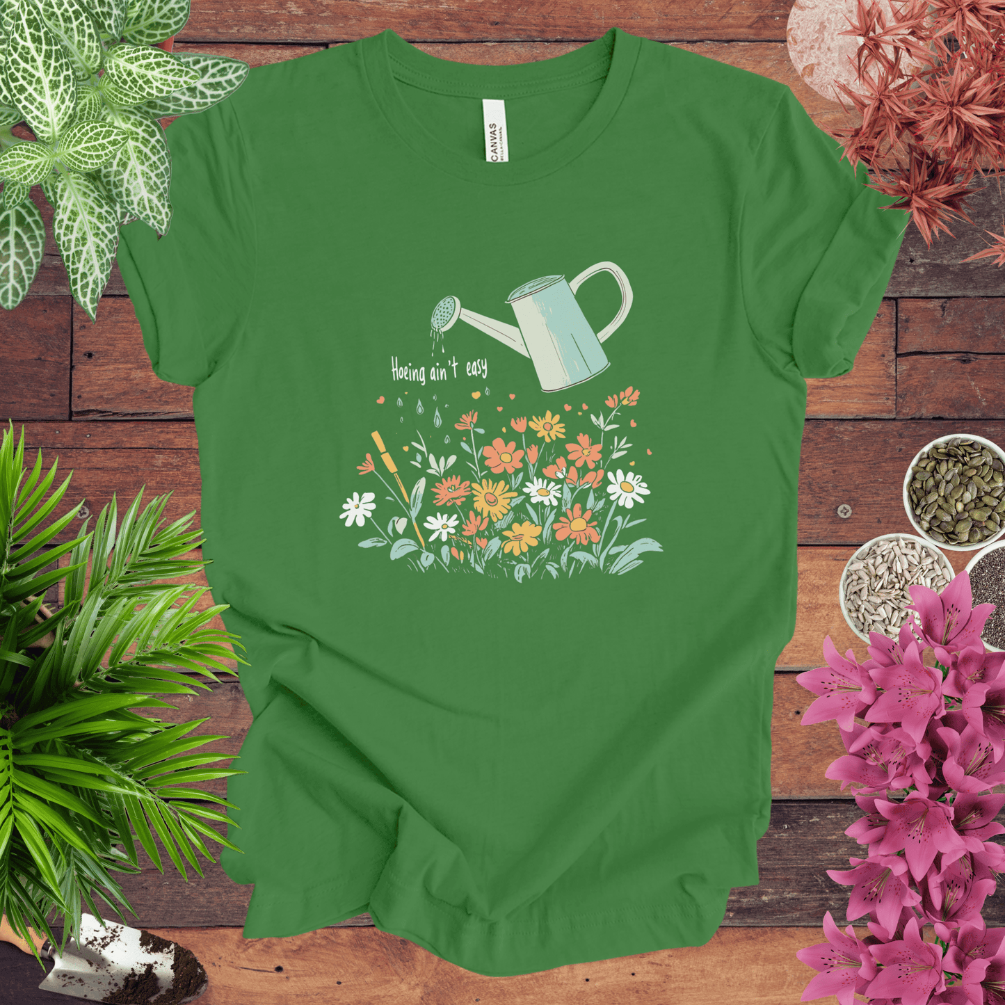 Printify T-Shirt Leaf / S Hoeing Ain’t Easy Floral Watering Can T-Shirt