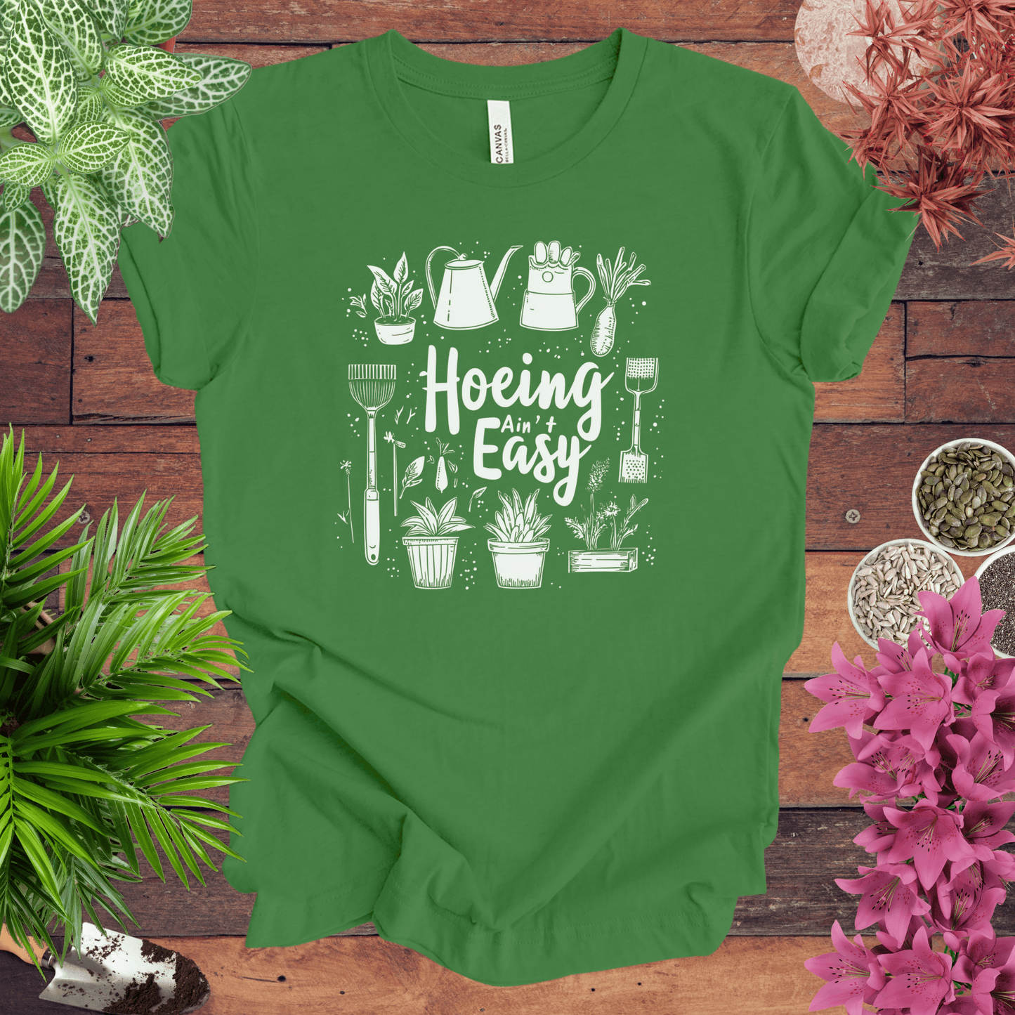 Printify T-Shirt Leaf / S Hoeing Ain’t Easy Gardening Tools T-Shirt