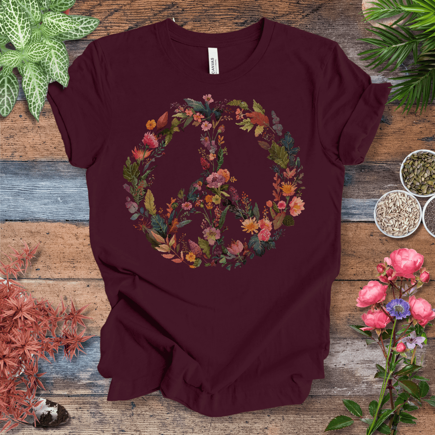 Printify T-Shirt Maroon / S Autumn Floral Peace Wreath Tee – Fall Color Botanical T-Shirt | Sustainable Garden Lover Shirt | Plant Parent Gift