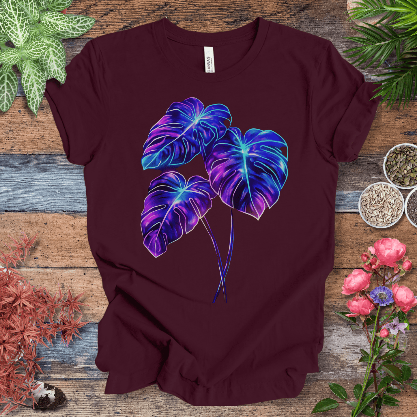 Printify T-Shirt Maroon / S Bioluminescent Monstera Jungle Plant Lover Aesthetic T-Shirt