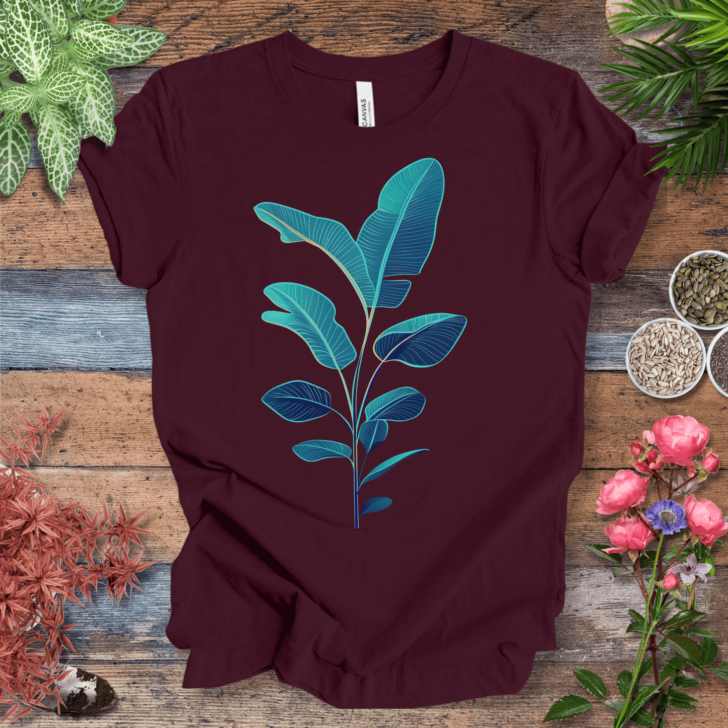 Printify T-Shirt Maroon / S Blue Monstera Leaves Tropical Aesthetic Houseplant T-Shirt