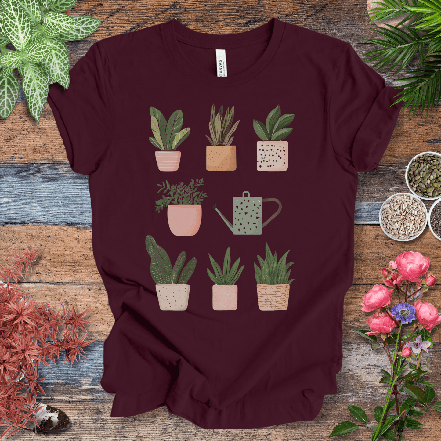Printify T-Shirt Maroon / S Cute Potted Plant Collection Minimalist T-Shirt