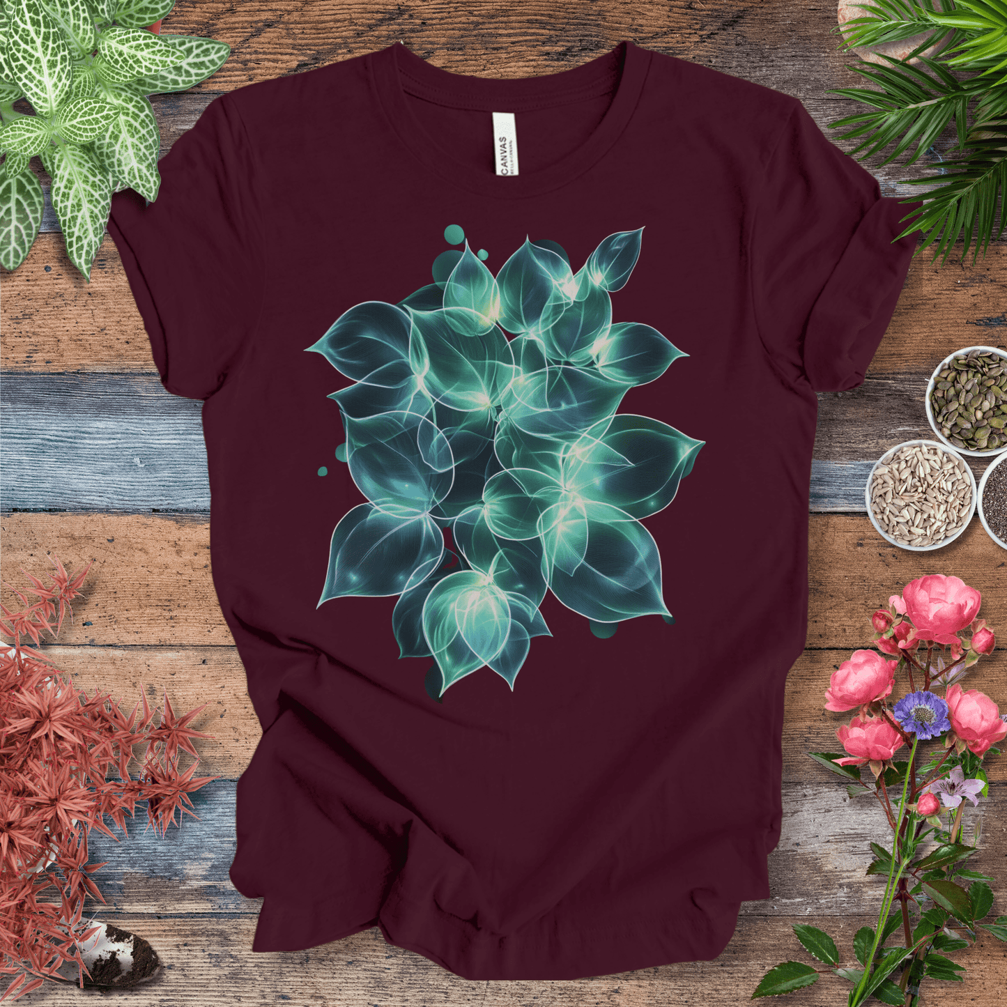 Printify T-Shirt Maroon / S Ethereal Glowing Leaves Botanical Nature Lover T-Shirt
