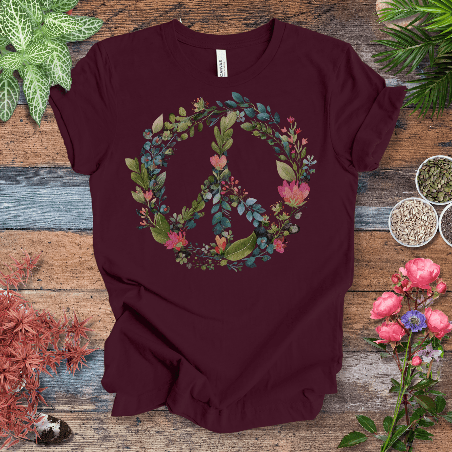 Printify T-Shirt Maroon / S Floral Peace Sign T-Shirt – Watercolor Green & Pink Botanical Wreath | Plant Lover Graphic Tee, Eco Cotton Unisex Shirt