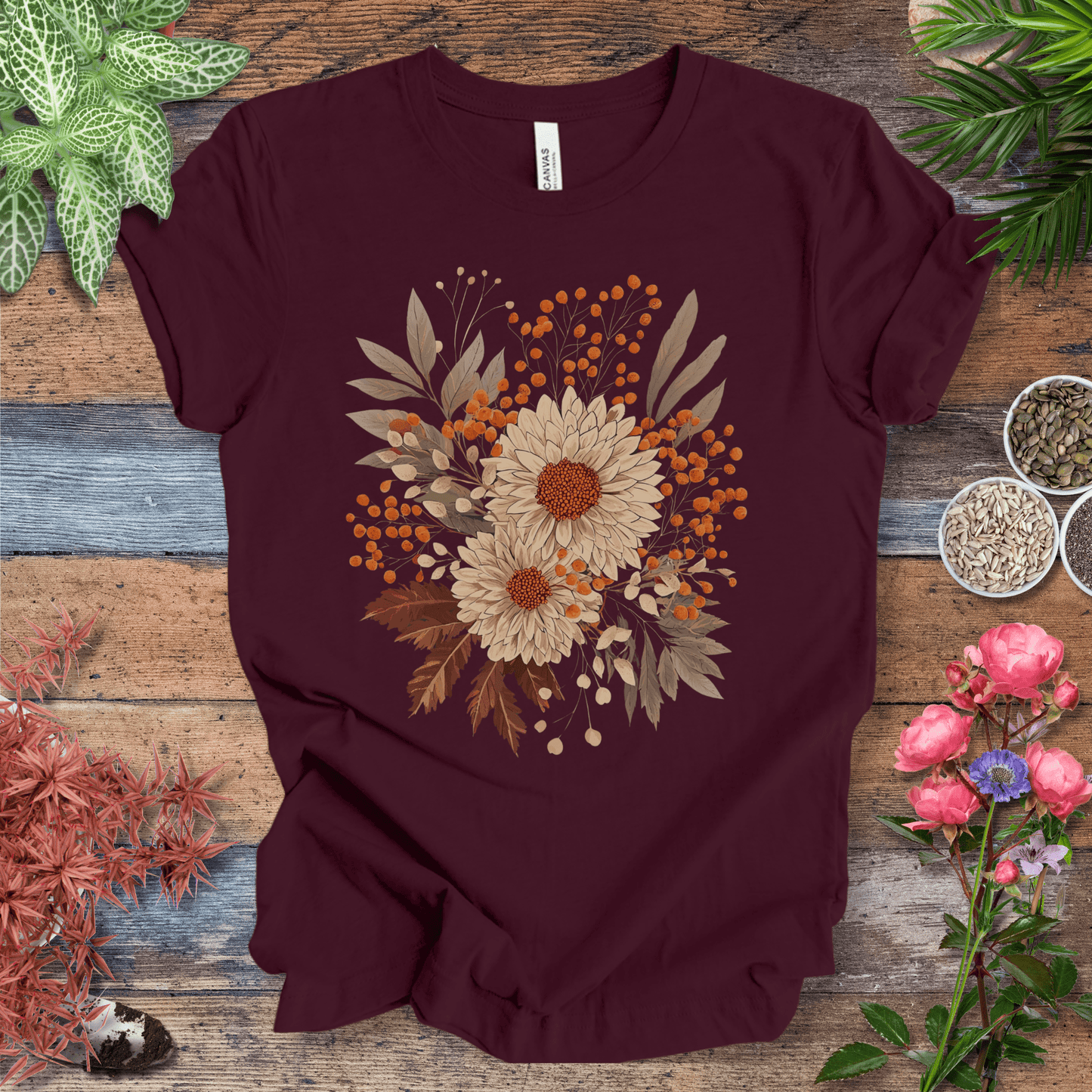 Printify T-Shirt Maroon / S Garden Blooms Floral T-Shirt