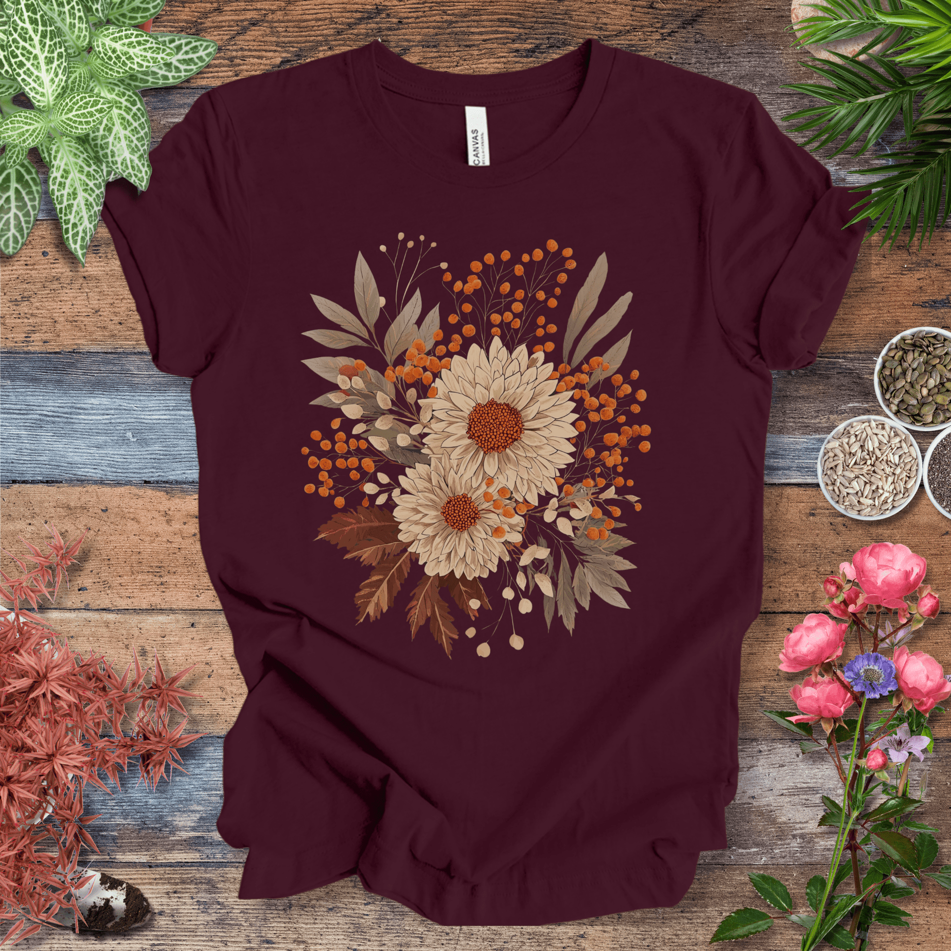 Printify T-Shirt Maroon / S Garden Blooms Floral T-Shirt