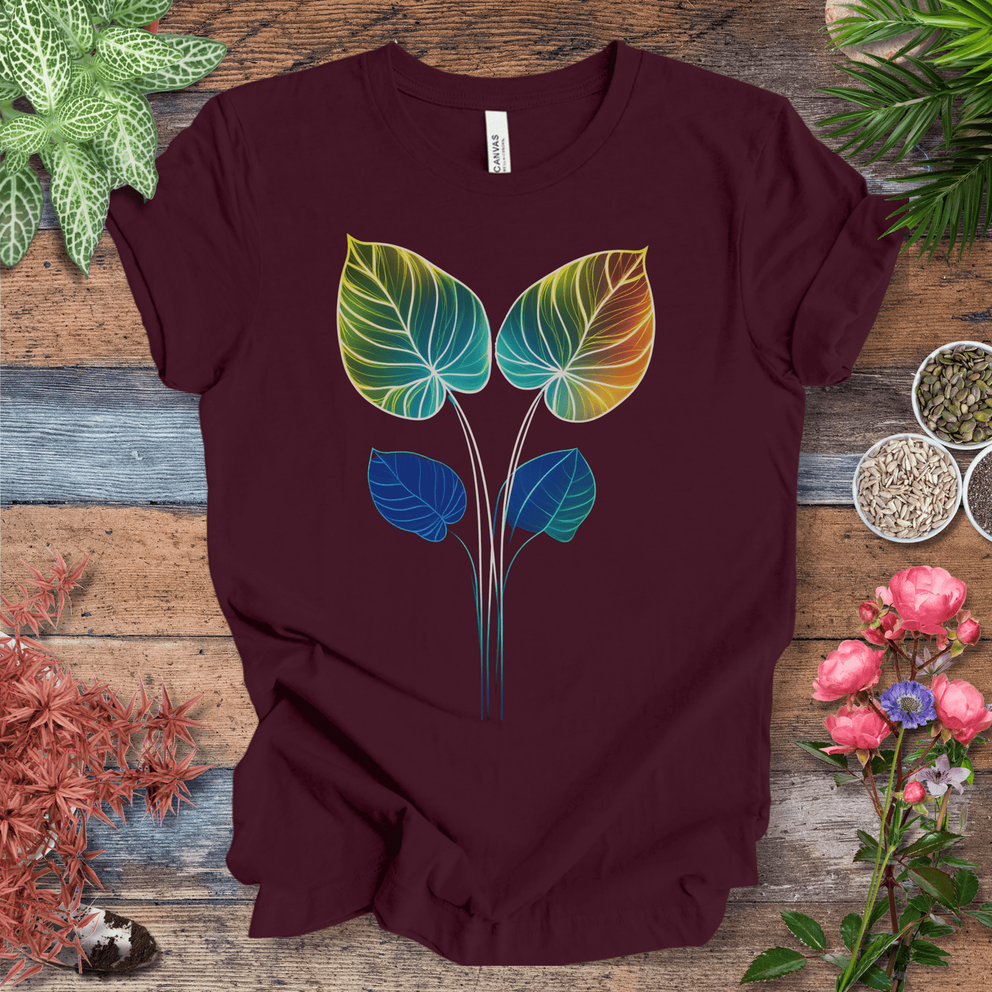 Printify T-Shirt Maroon / S Glowing Futuristic Leaves Botanical Nature Lover T-Shirt