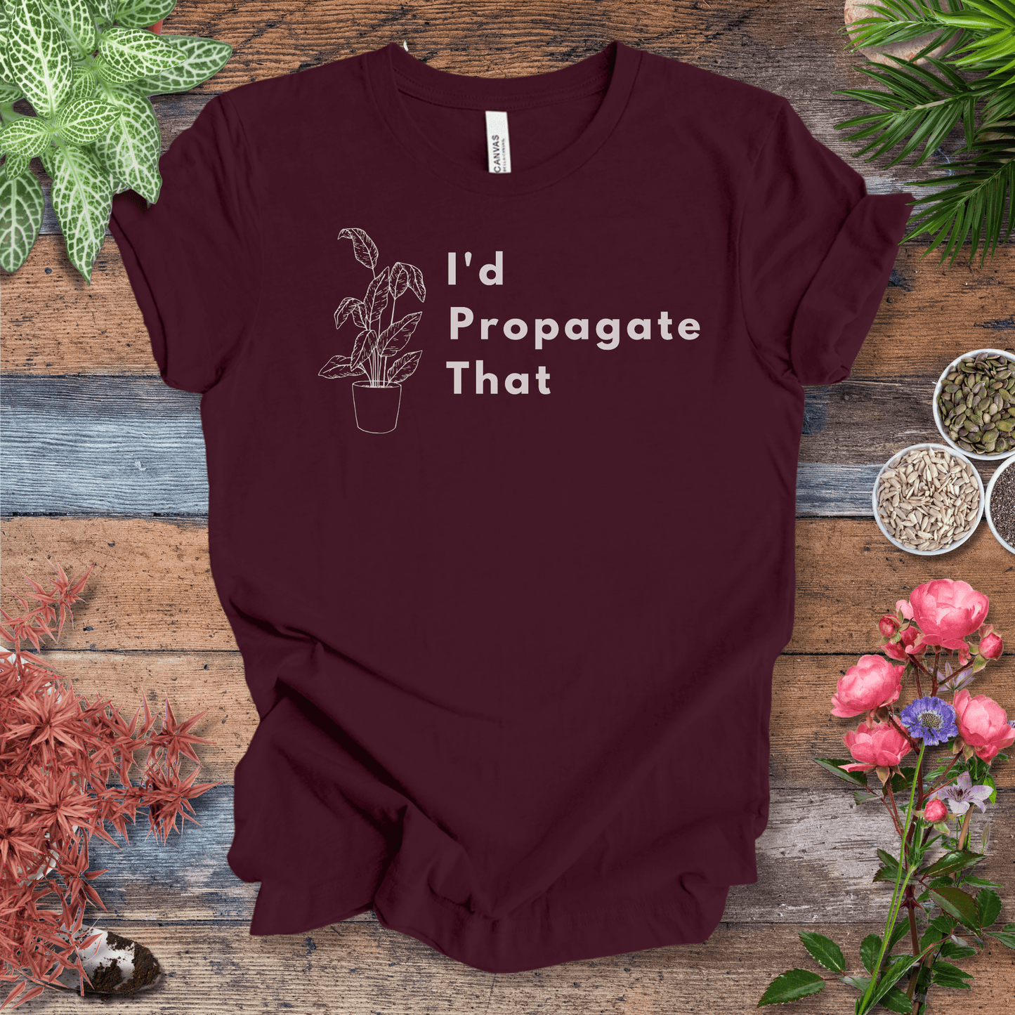 Printify T-Shirt Maroon / S I’d Propagate That – Caladium Outline | Minimalist Plant Tee