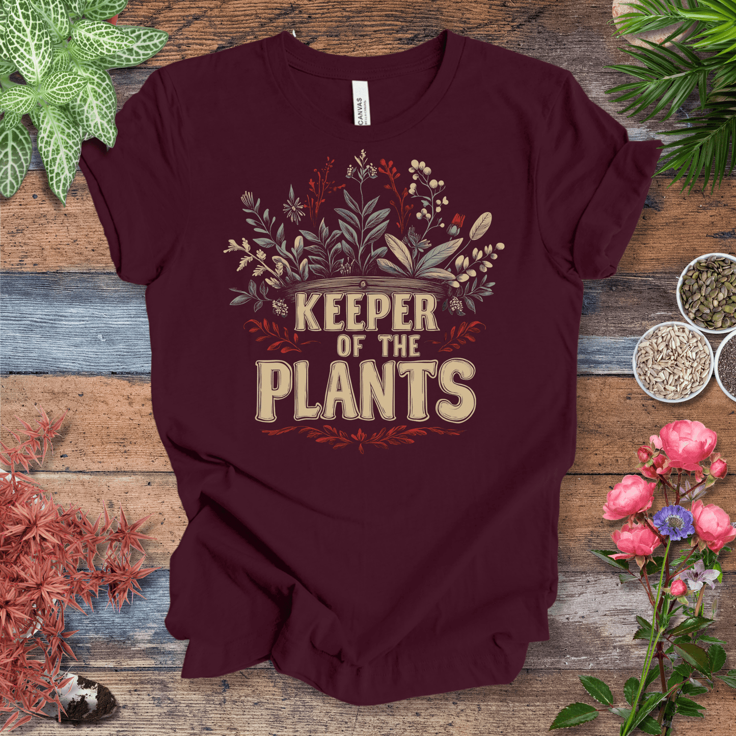 Printify T-Shirt Maroon / S Keeper of the Plants – Vintage Floral Edition | Eco-Friendly Tee