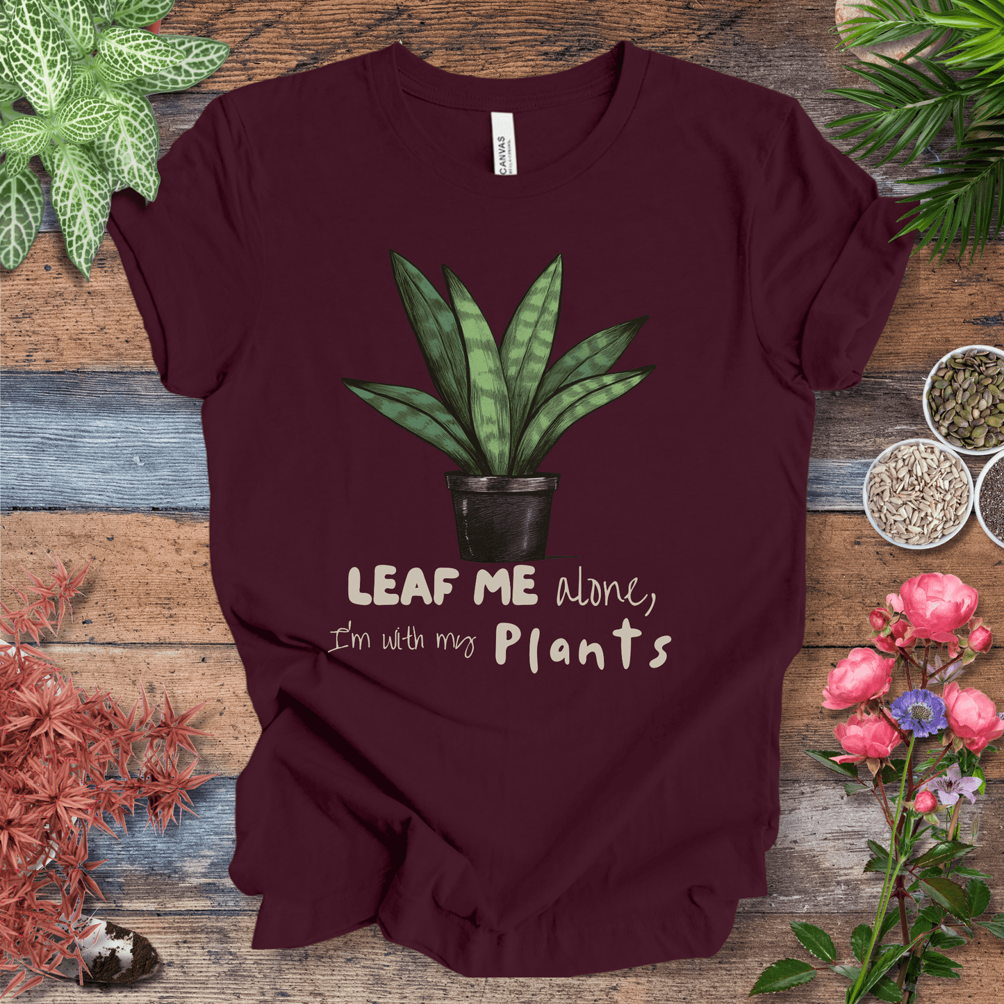 Printify T-Shirt Maroon / S "Leaf Me Alone" Funny Snake Plant Lover T-Shirt