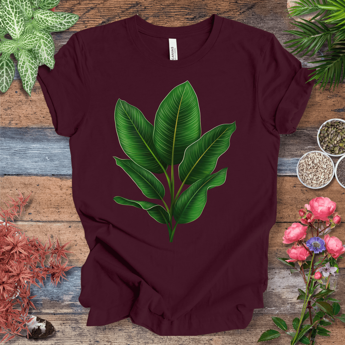 Printify T-Shirt Maroon / S Lush Green Tropical Leaves Jungle Vibes Plant Lover T-Shirt