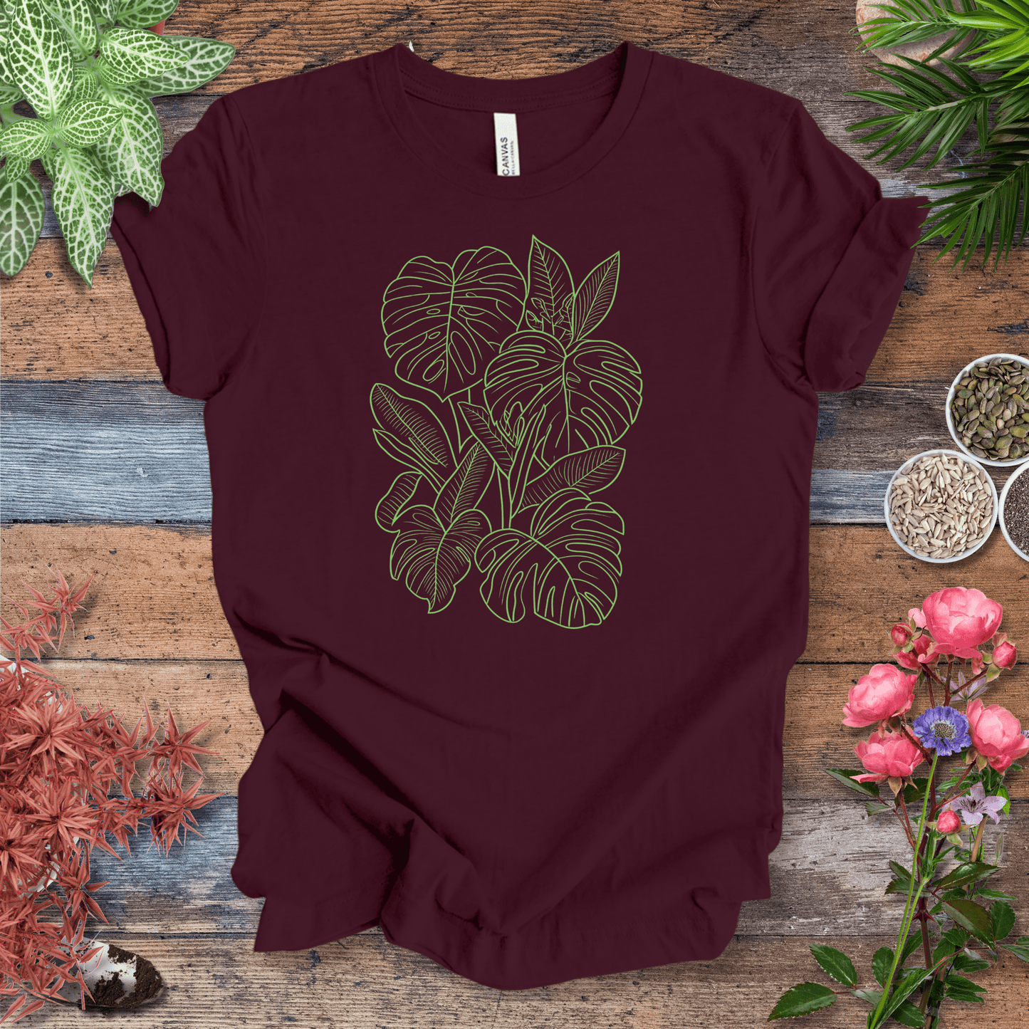 Printify T-Shirt Maroon / S Minimalist Neon Monstera Plant T-Shirt