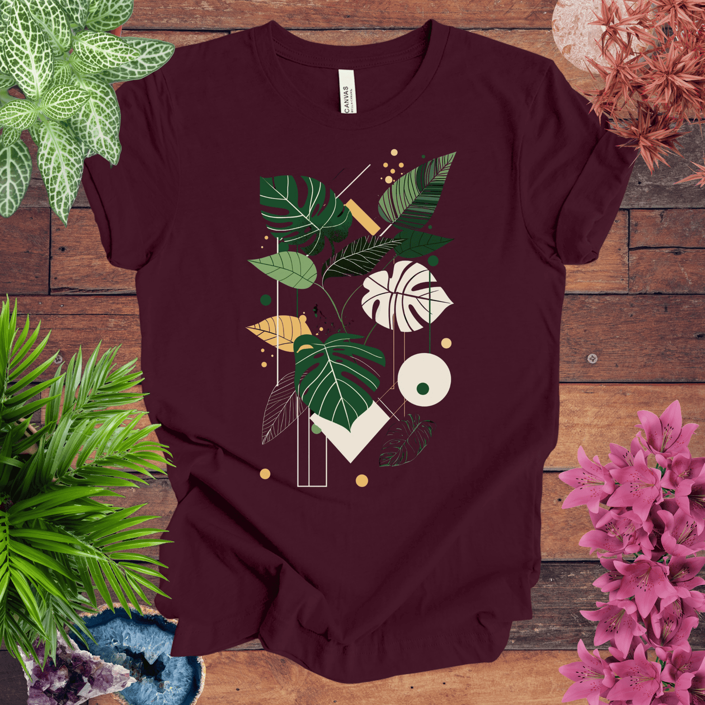 Printify T-Shirt Maroon / S Modern Botanical Monstera Deliciosa Houseplant T-Shirt