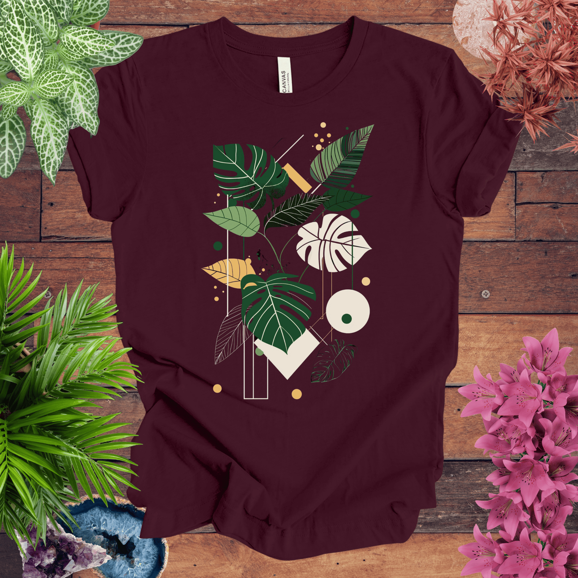 Printify T-Shirt Maroon / S Modern Botanical Monstera Deliciosa Houseplant T-Shirt