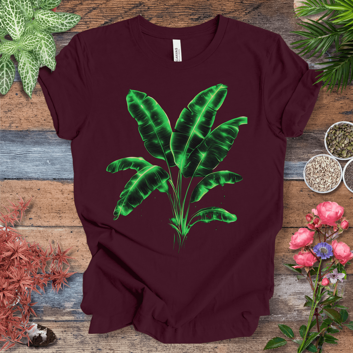 Printify T-Shirt Maroon / S Neon Glow Banana Leaves Plant Lover Aesthetic T-Shirt