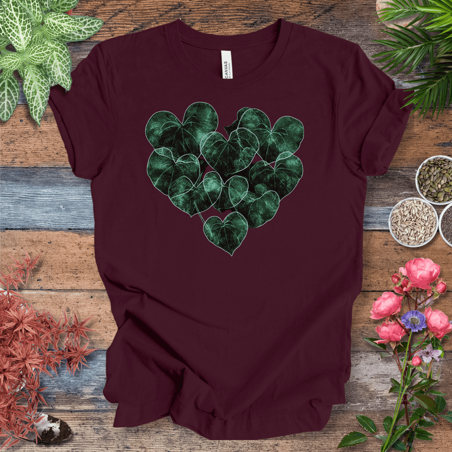 Printify T-Shirt Maroon / S Neon Heart-Shaped Leaves Plant Parent Aesthetic T-Shirt