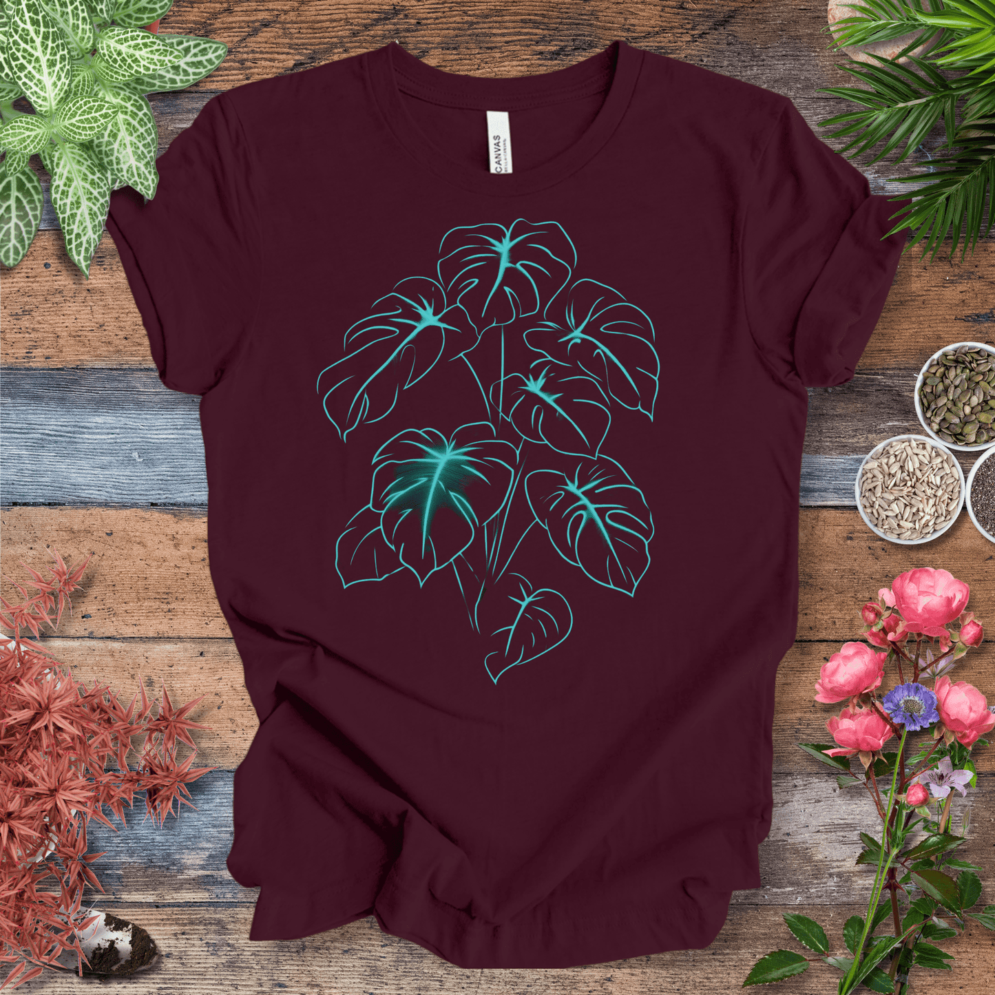 Printify T-Shirt Maroon / S Neon Jungle Monstera Leaves Glow in the Dark T-Shirt
