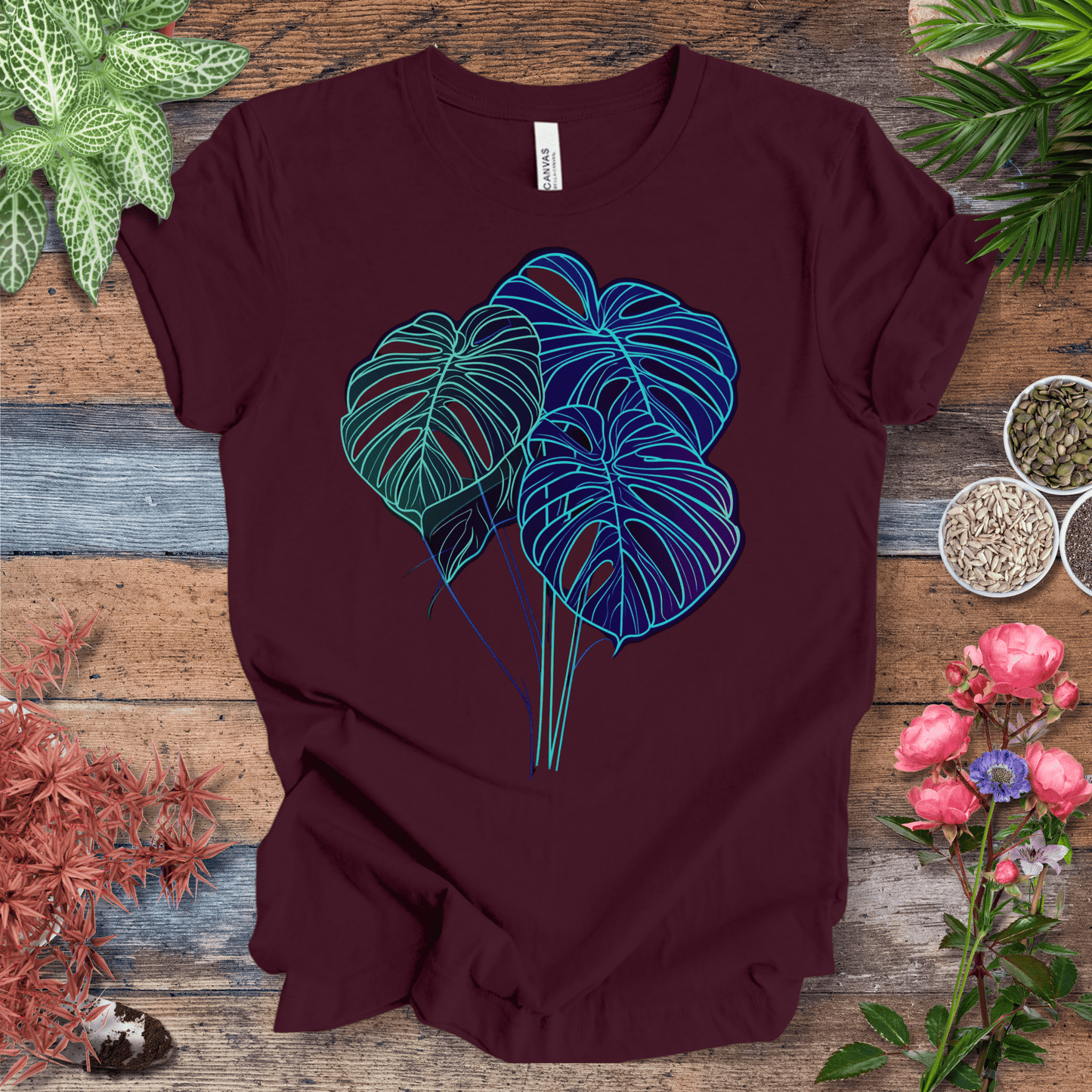 Printify T-Shirt Maroon / S Neon Monstera Leaf Glow in the Dark Botanical T-Shirt