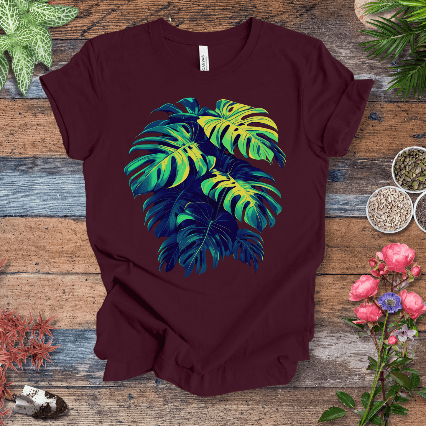 Printify T-Shirt Maroon / S Neon Monstera Leaves T-Shirt