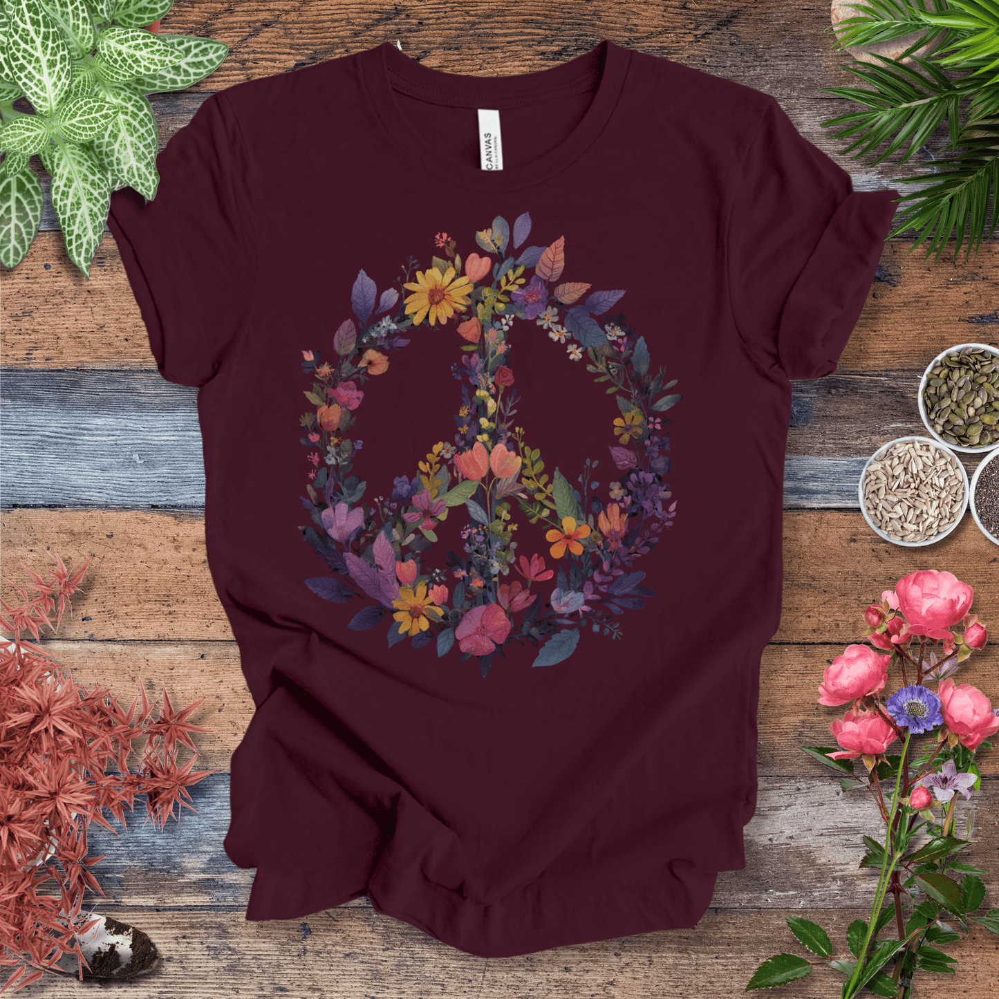 Printify T-Shirt Maroon / S Rainbow Peace Sign Floral T-Shirt – Pastel Garden Wreath Tee | Eco-Friendly Plant Lover Gift | Sustainable Unisex Tee