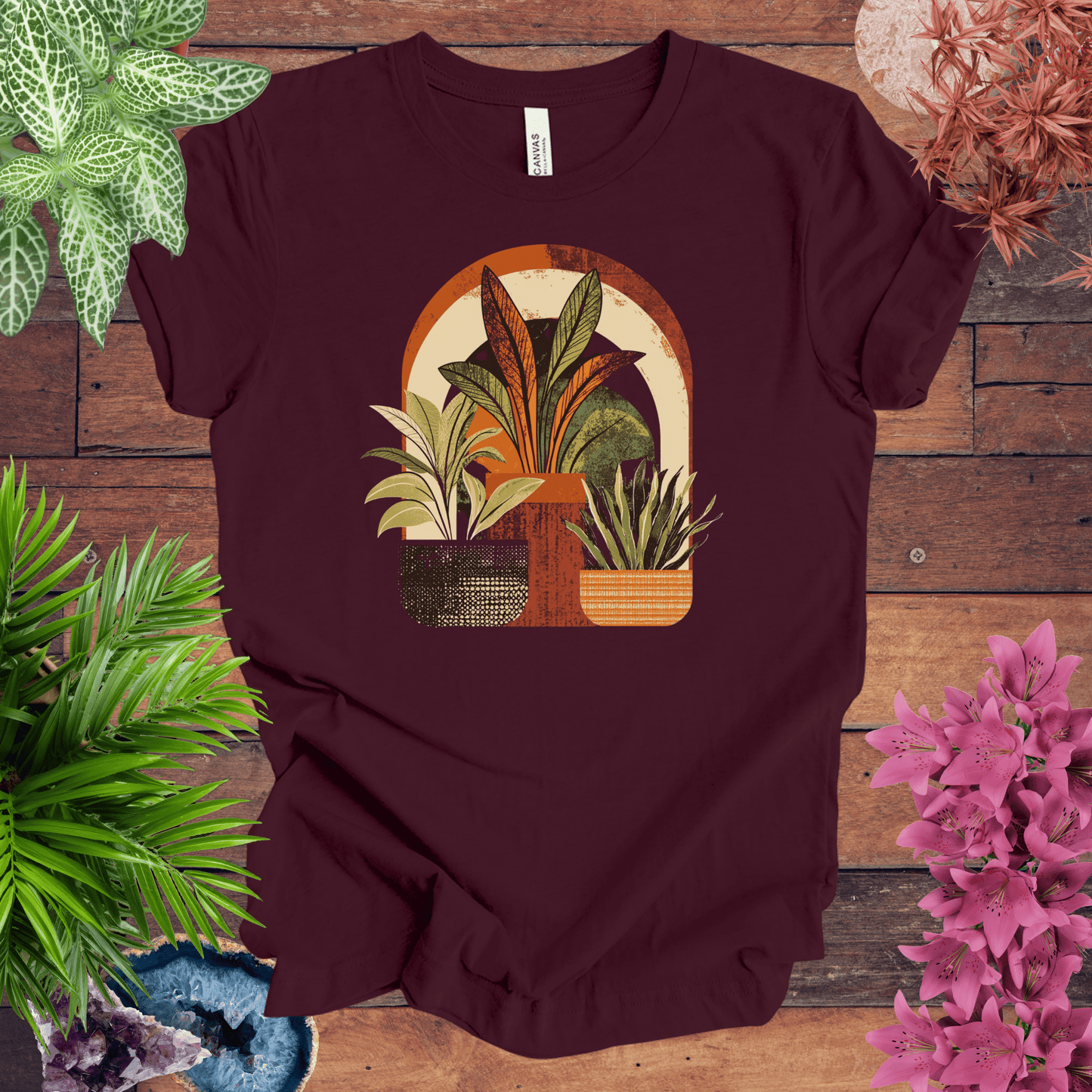 Printify T-Shirt Maroon / S Retro Boho Plant Arch T-Shirt