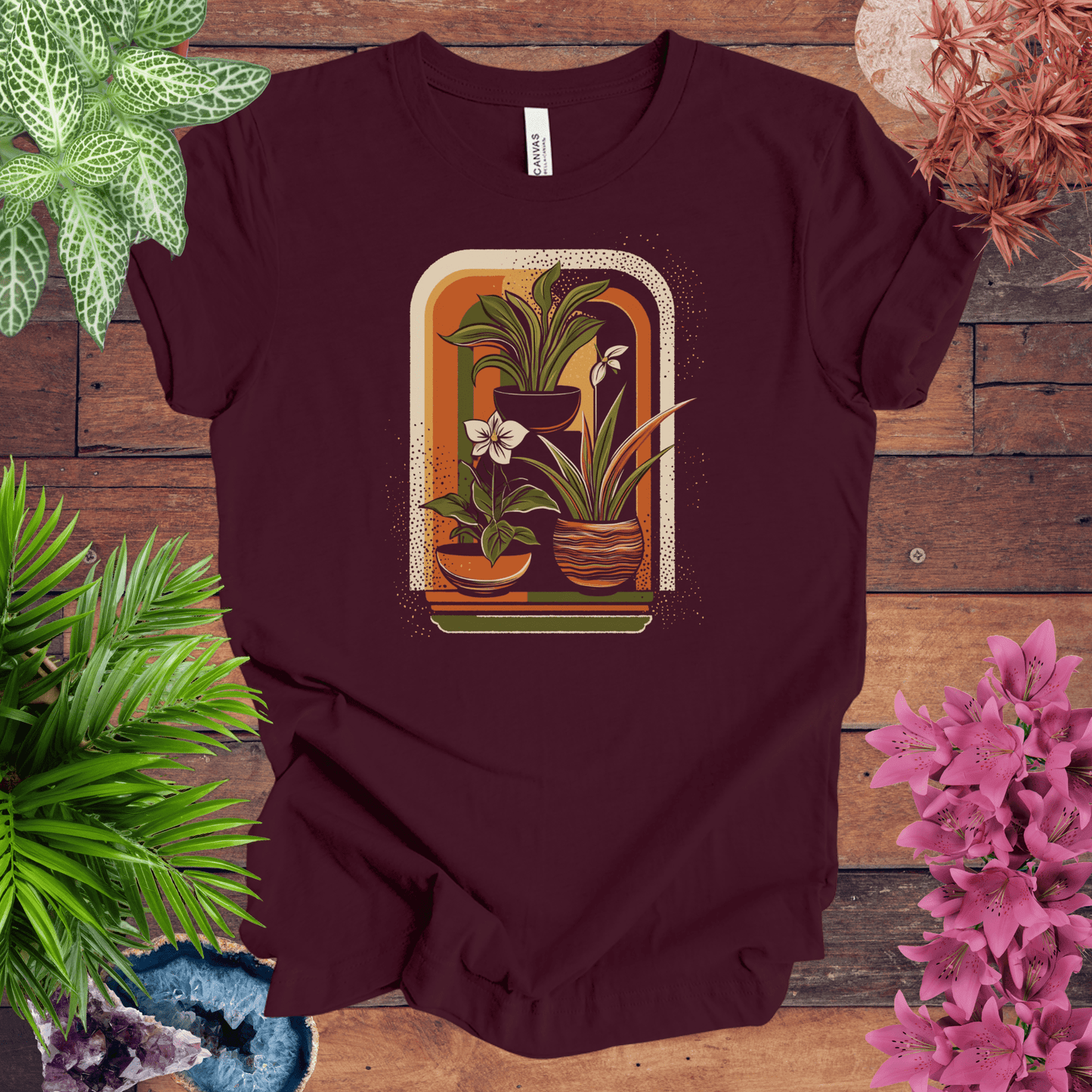 Printify T-Shirt Maroon / S Retro Houseplants Waves T-Shirt