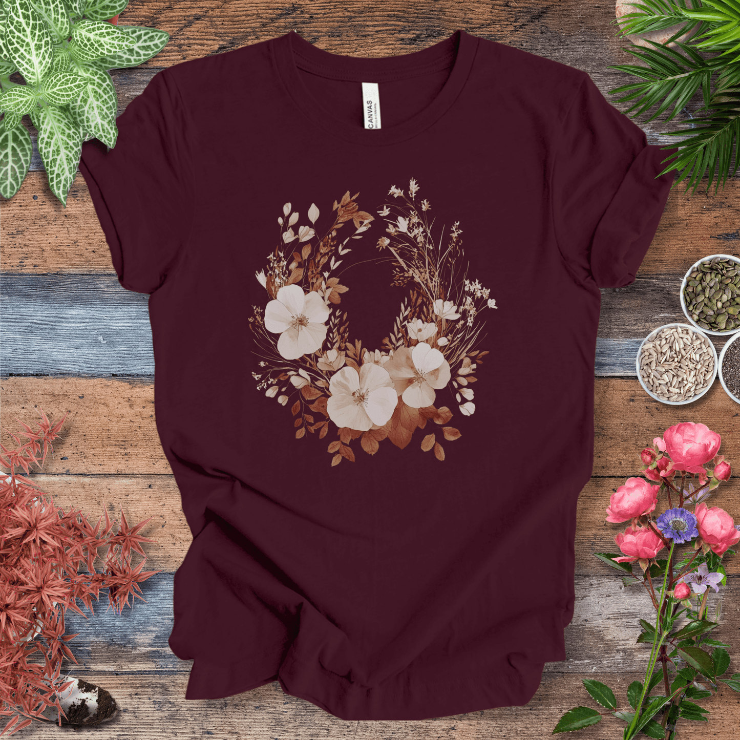 Printify T-Shirt Maroon / S Rustic Floral Wreath Botanical T-Shirt