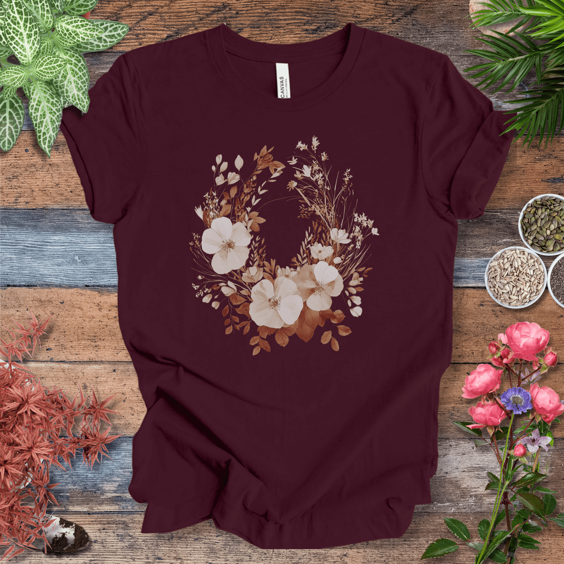 Printify T-Shirt Maroon / S Rustic Floral Wreath Botanical T-Shirt