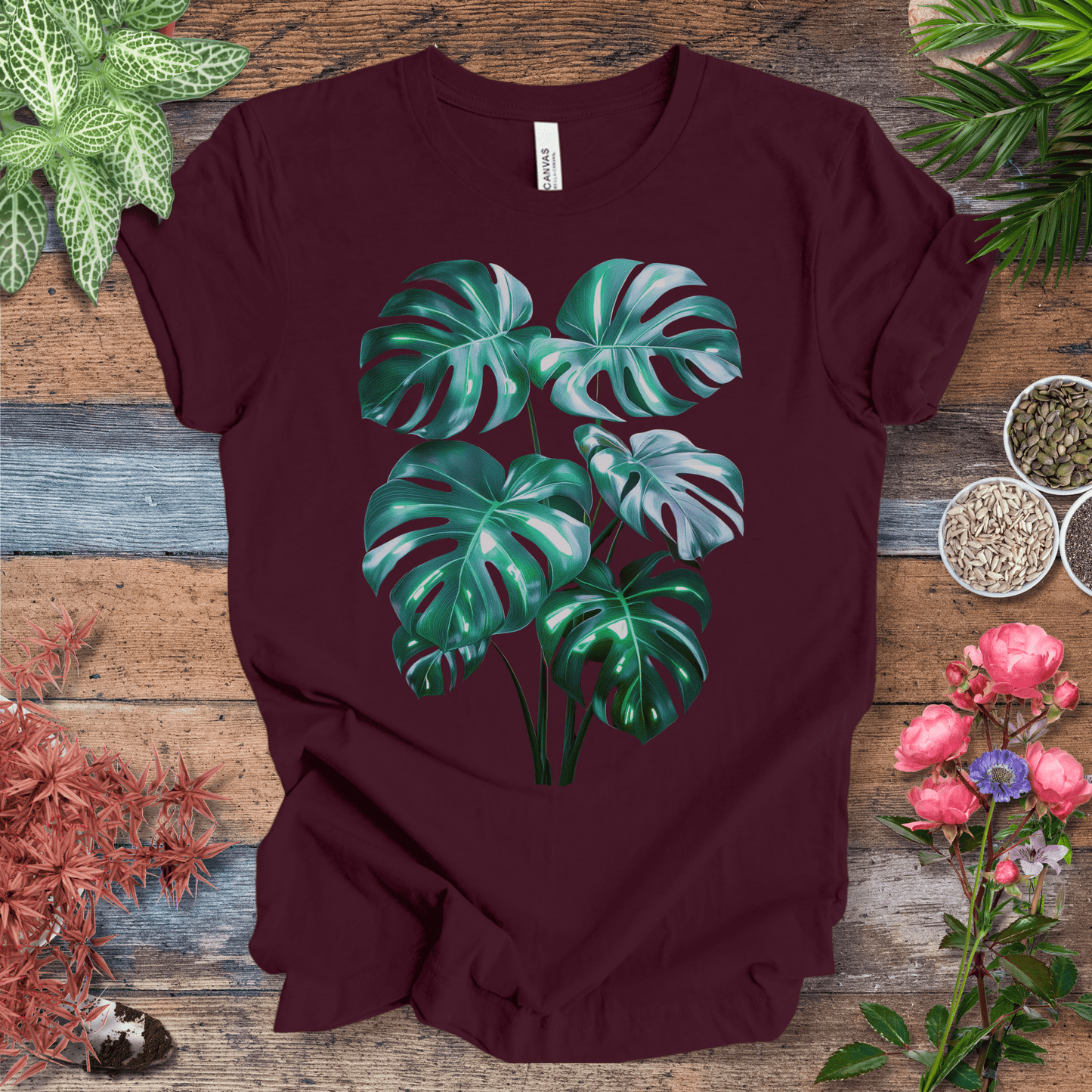 Printify T-Shirt Maroon / S Shiny Monstera Leaf Jungle Aesthetic Plant Lover T-Shirt