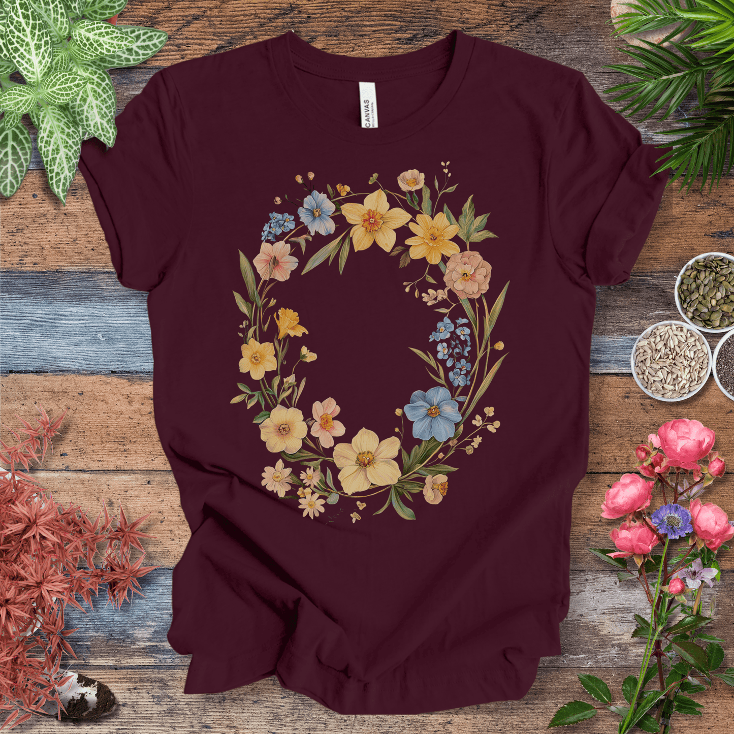 Printify T-Shirt Maroon / S Spring Meadow Floral Wreath T-Shirt