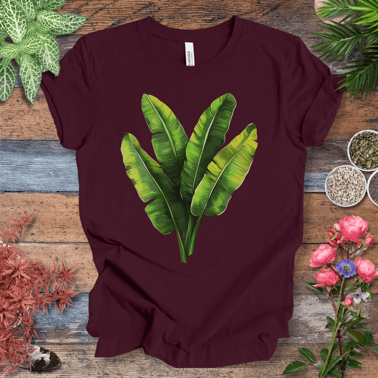 Printify T-Shirt Maroon / S Tropical Banana Leaves T-Shirt