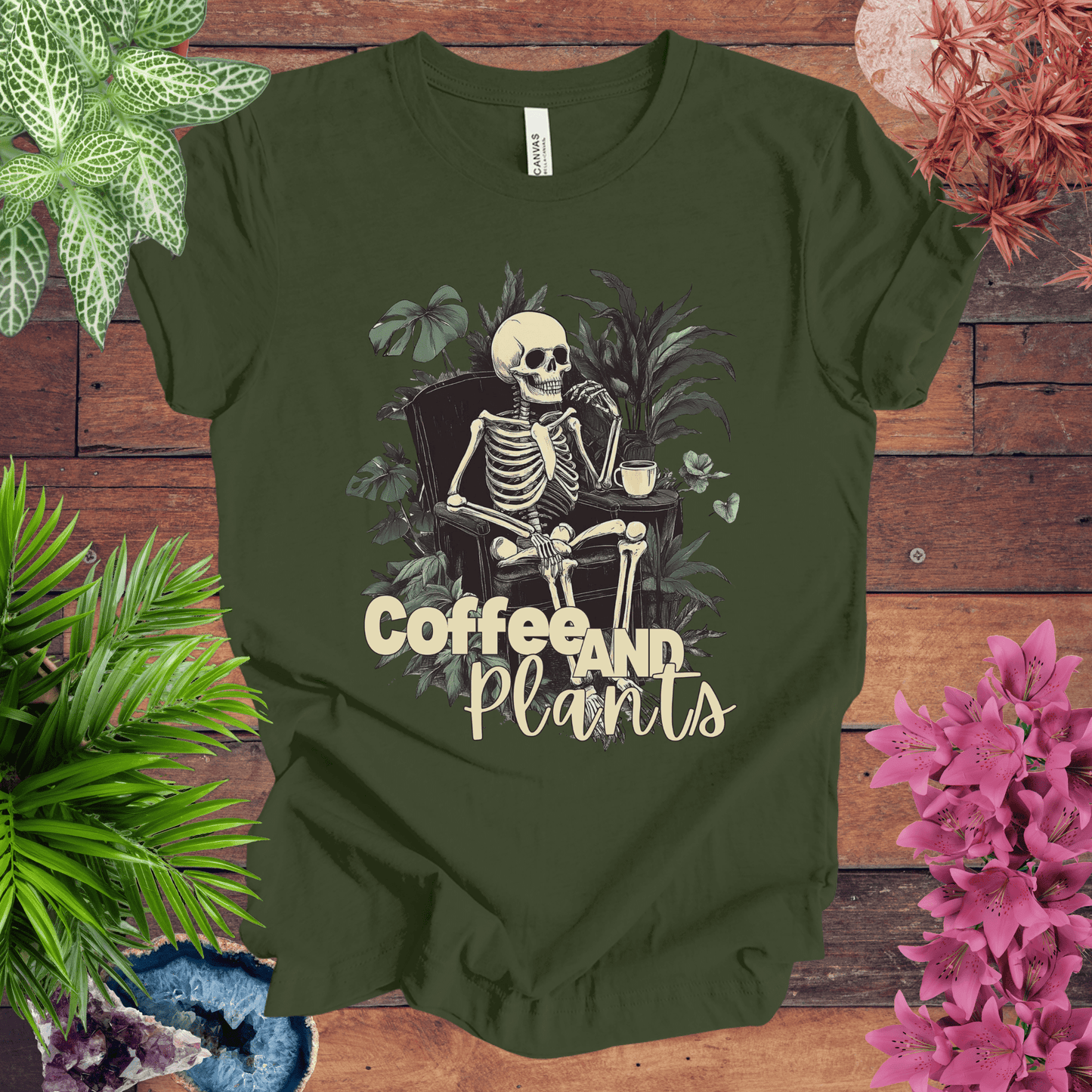 Printify T-Shirt Military Green / S Coffee and Plants Skeleton T-Shirt