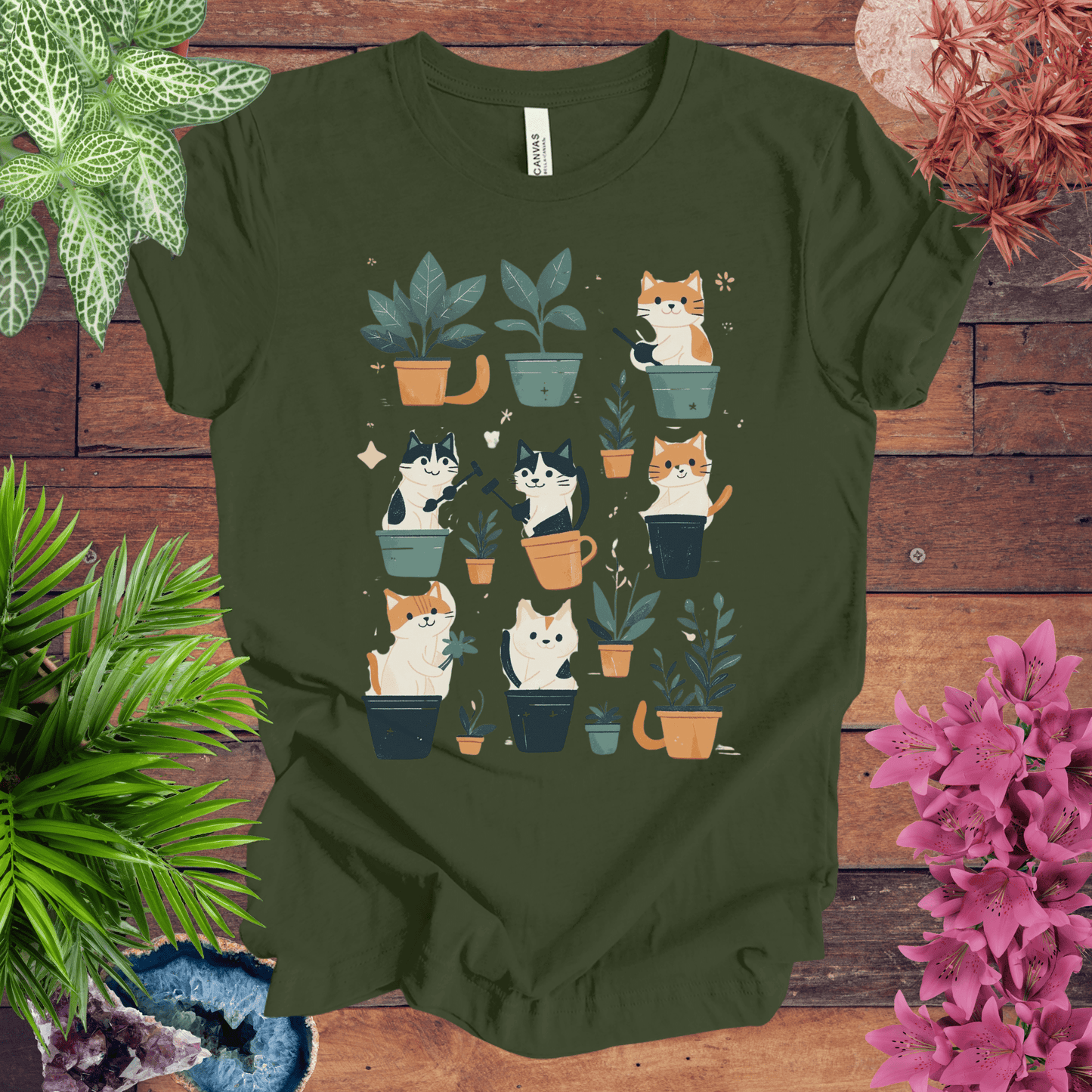 Printify T-Shirt Military Green / S Curious Cats and Houseplants T-Shirt
