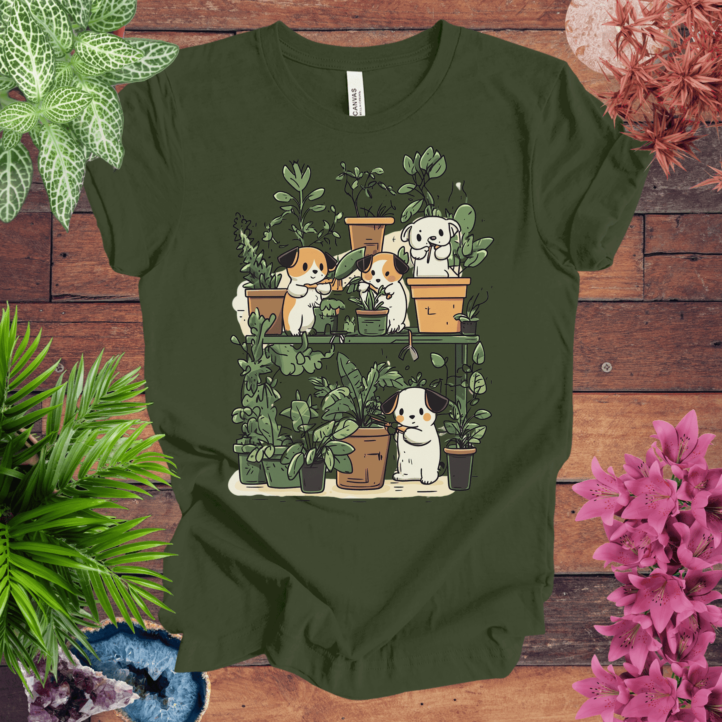 Printify T-Shirt Military Green / S Green Paws - Puppy Plant Care T-Shirt