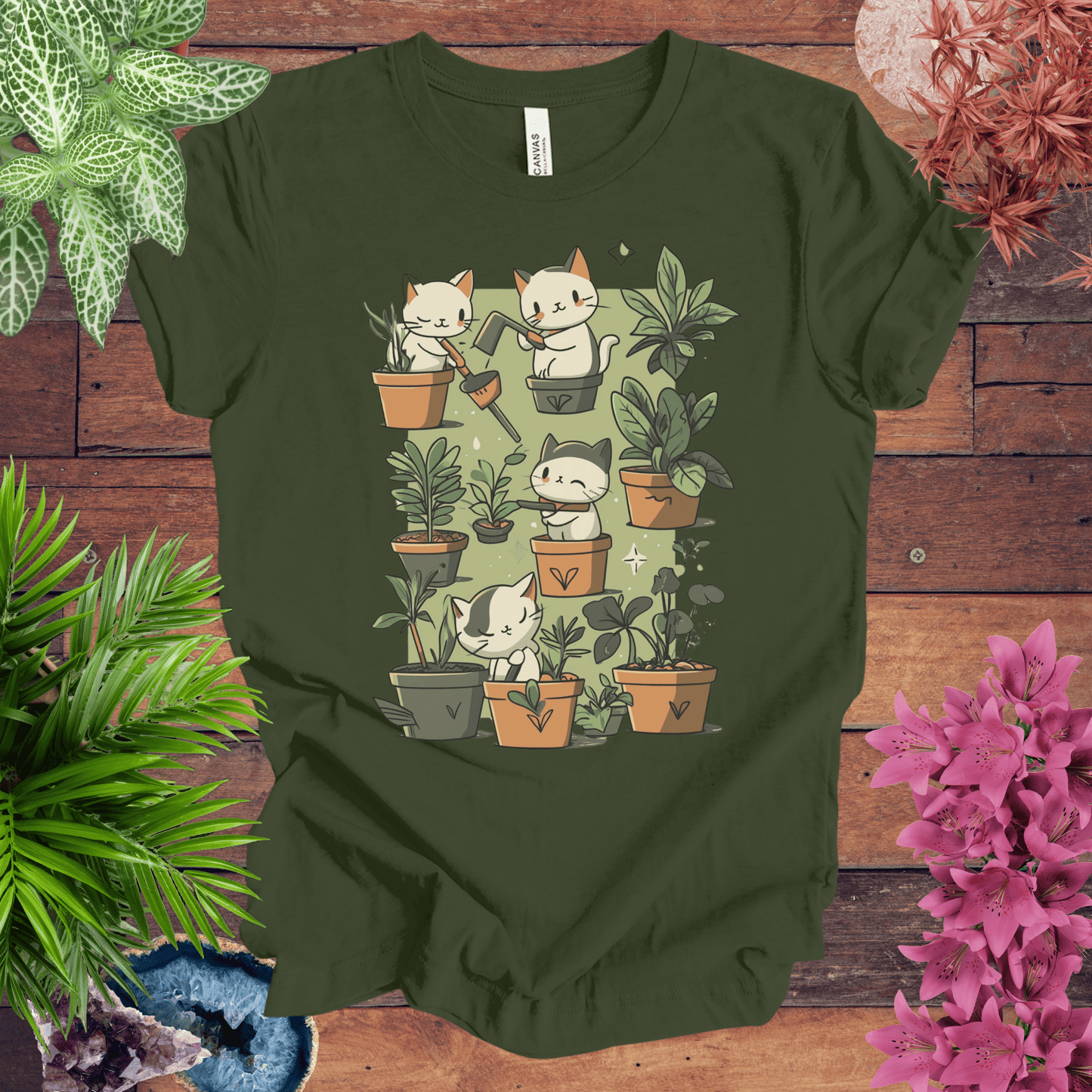 Printify T-Shirt Military Green / S Kittens in the Garden T-Shirt