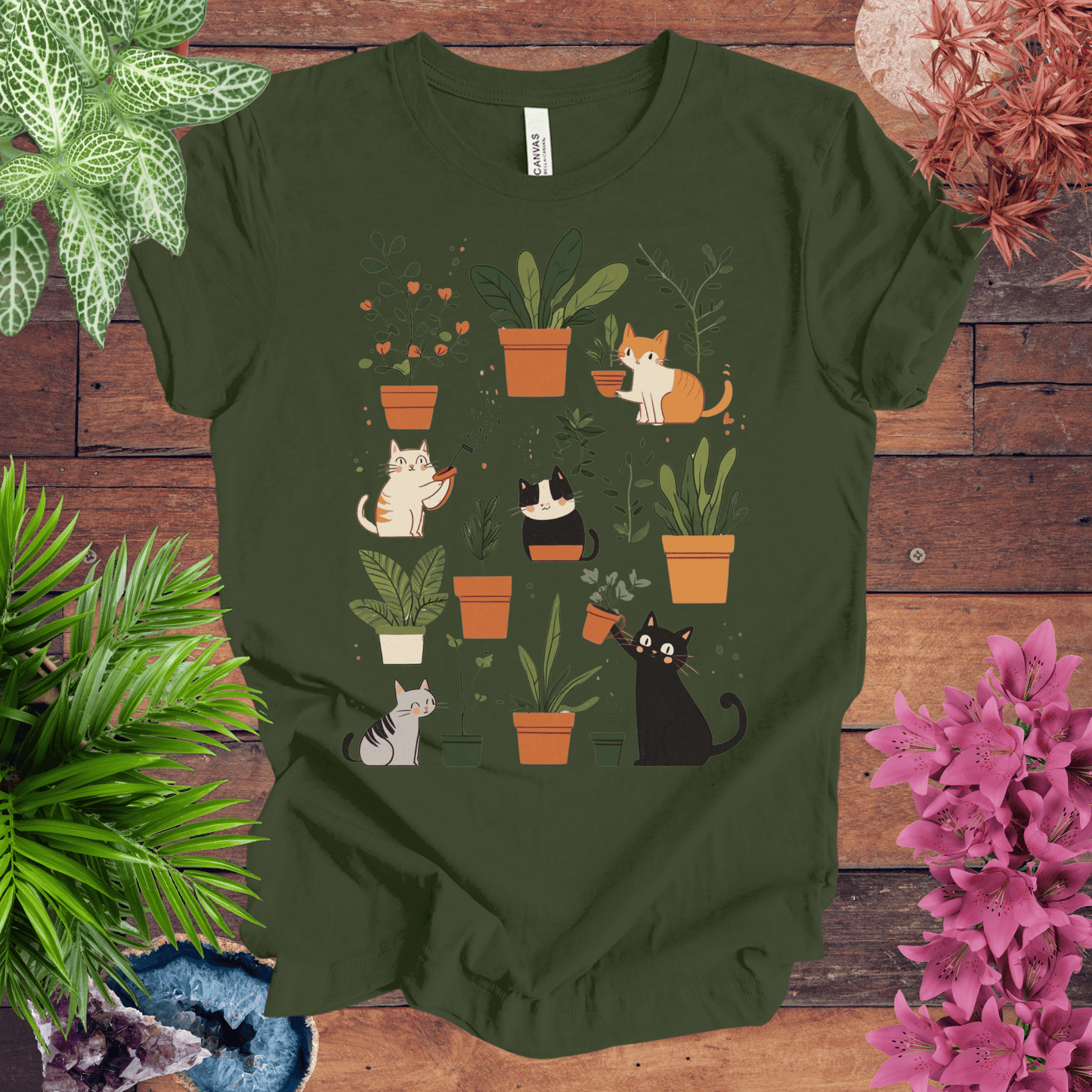 Printify T-Shirt Military Green / S Kittens Tending Their Garden T-Shirt