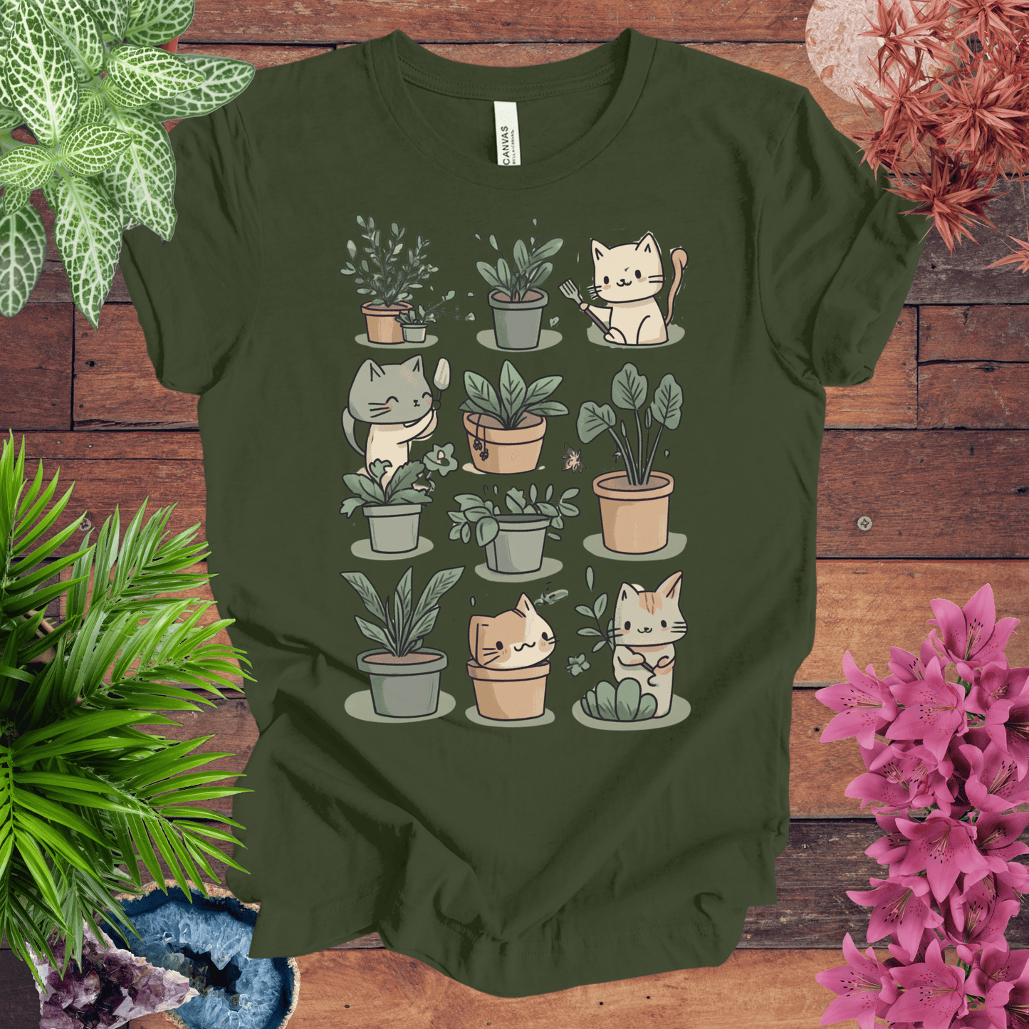 Printify T-Shirt Military Green / S Mischievous Kitties Garden Helpers T-Shirt