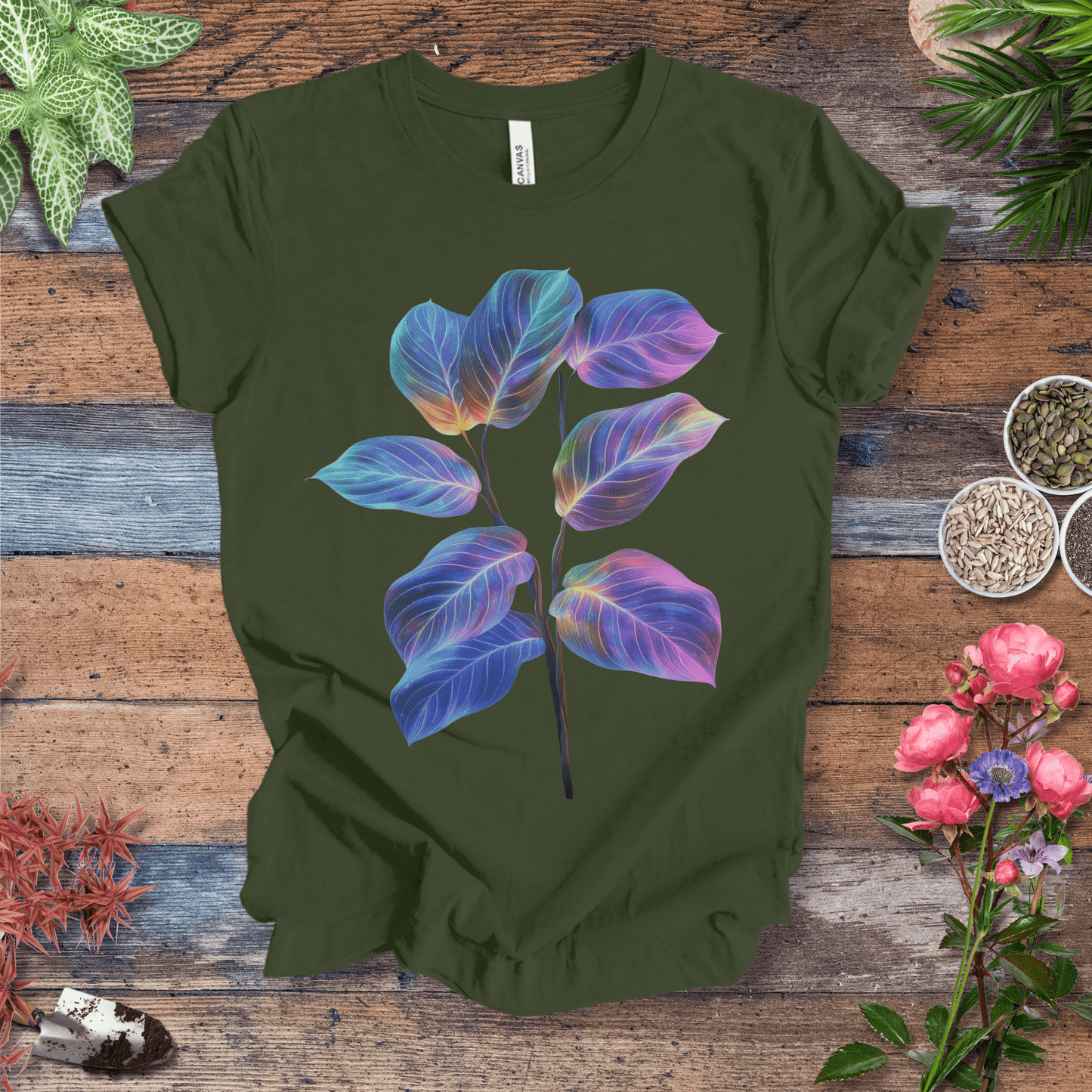 Printify T-Shirt Military Green / S Neon Glow Calathea plant T-Shirt