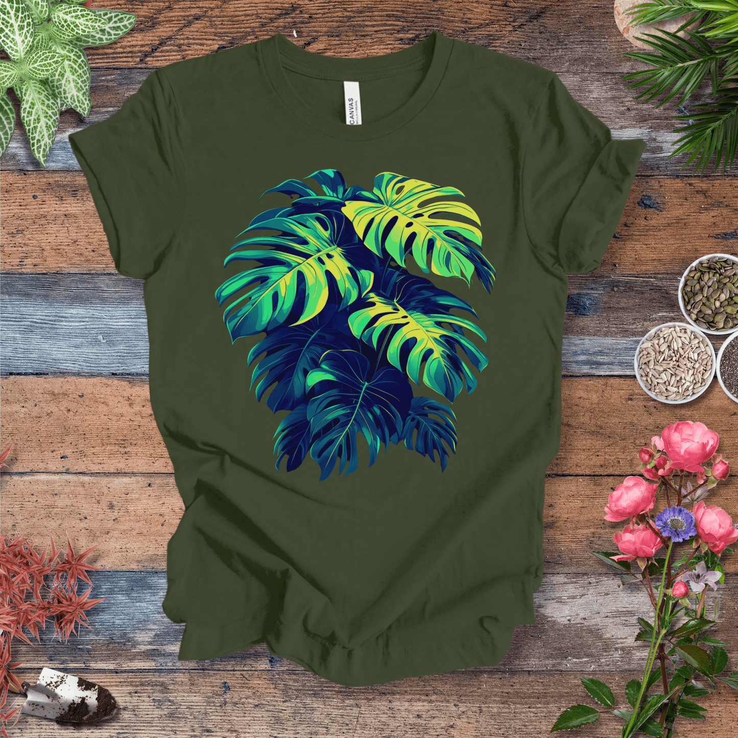 Printify T-Shirt Military Green / S Neon Monstera Leaves T-Shirt