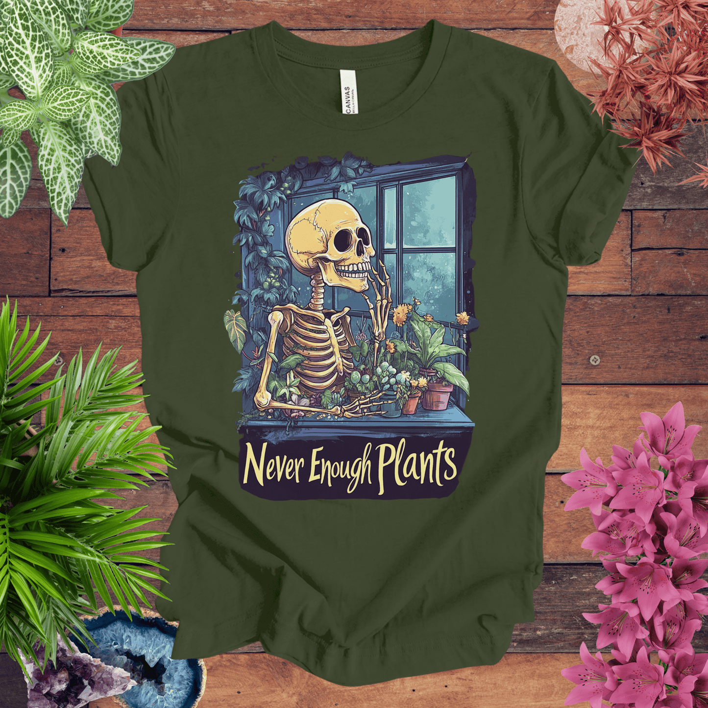 Printify T-Shirt Military Green / S Never Enough Plants Skeleton T-Shirt