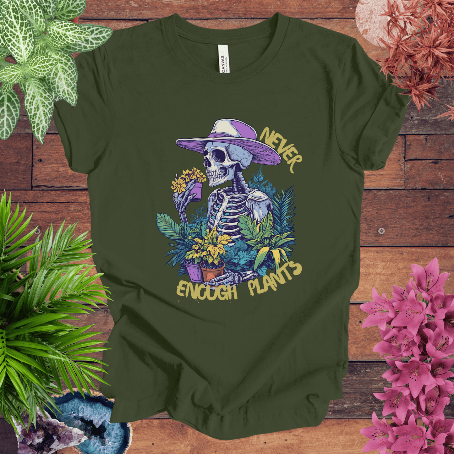 Printify T-Shirt Military Green / S Never Enough Plants Skeleton T-Shirt