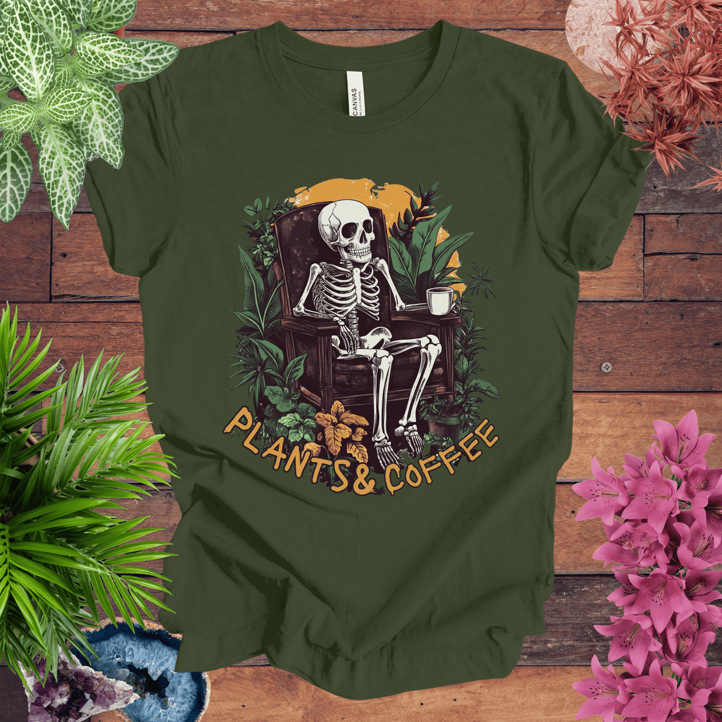 Printify T-Shirt Military Green / S Plants & Coffee Skeleton T-Shirt