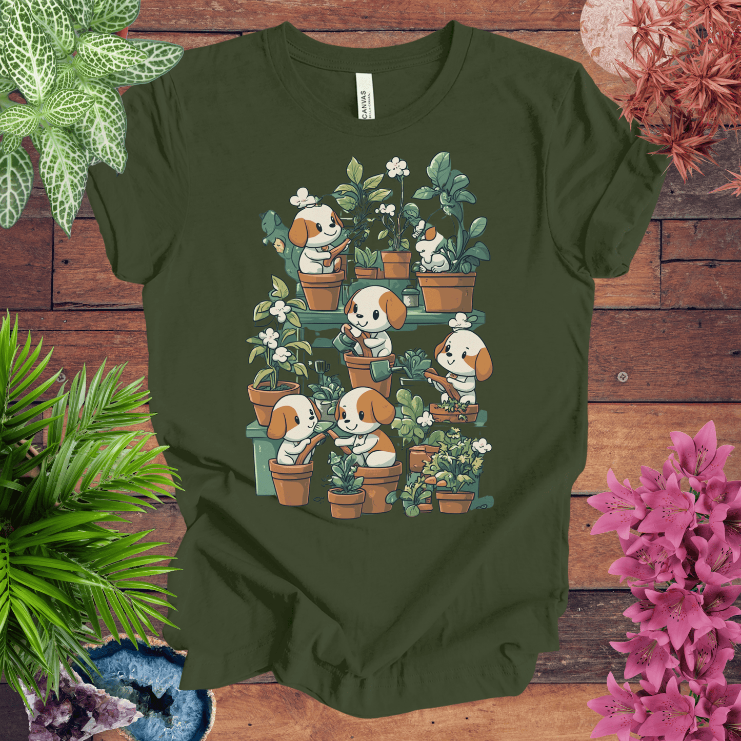 Printify T-Shirt Military Green / S Puppy Garden Gathering T-Shirt