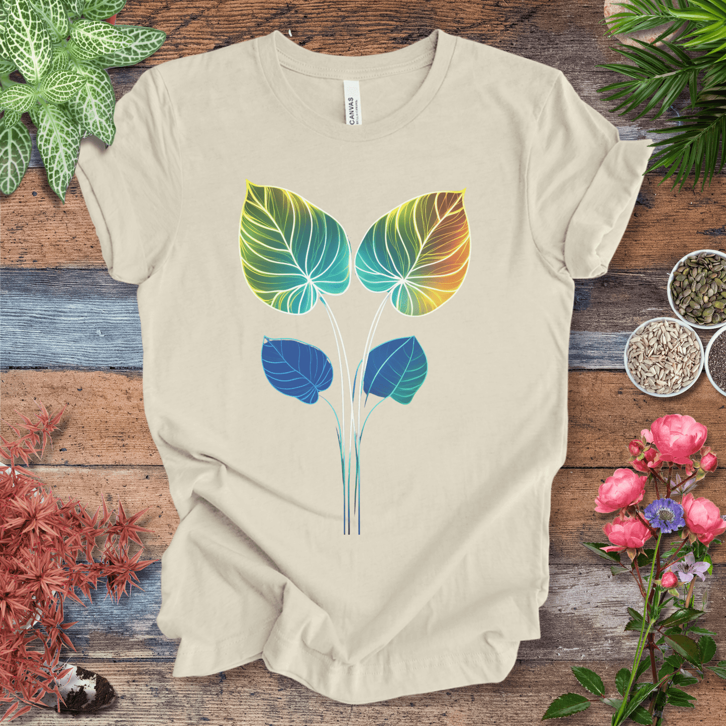 Printify T-Shirt Natural / S Glowing Futuristic Leaves Botanical Nature Lover T-Shirt