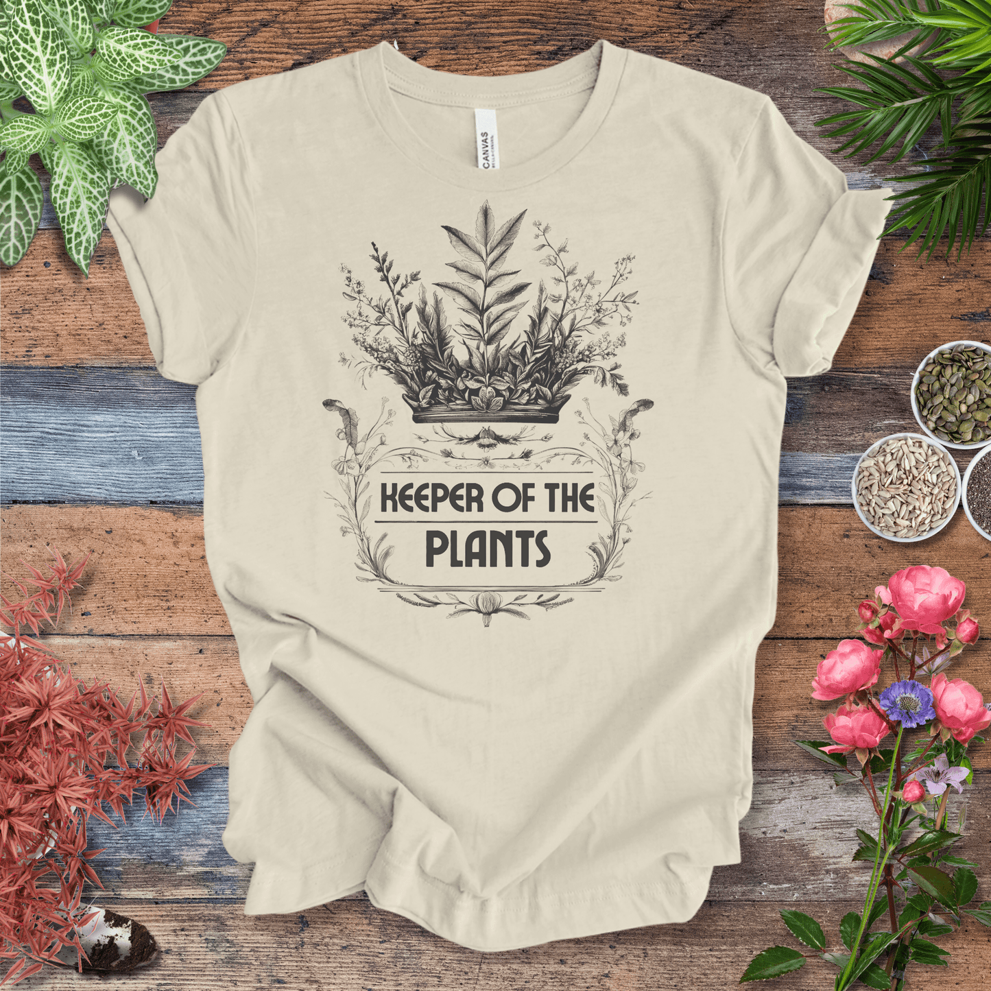 Printify T-Shirt Natural / S Keeper of the Plants – Vintage Monochrome Edition Elegant Gardener Tee