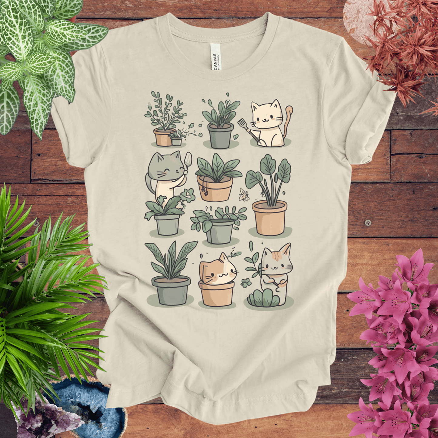 Printify T-Shirt Natural / S Mischievous Kitties Garden Helpers T-Shirt