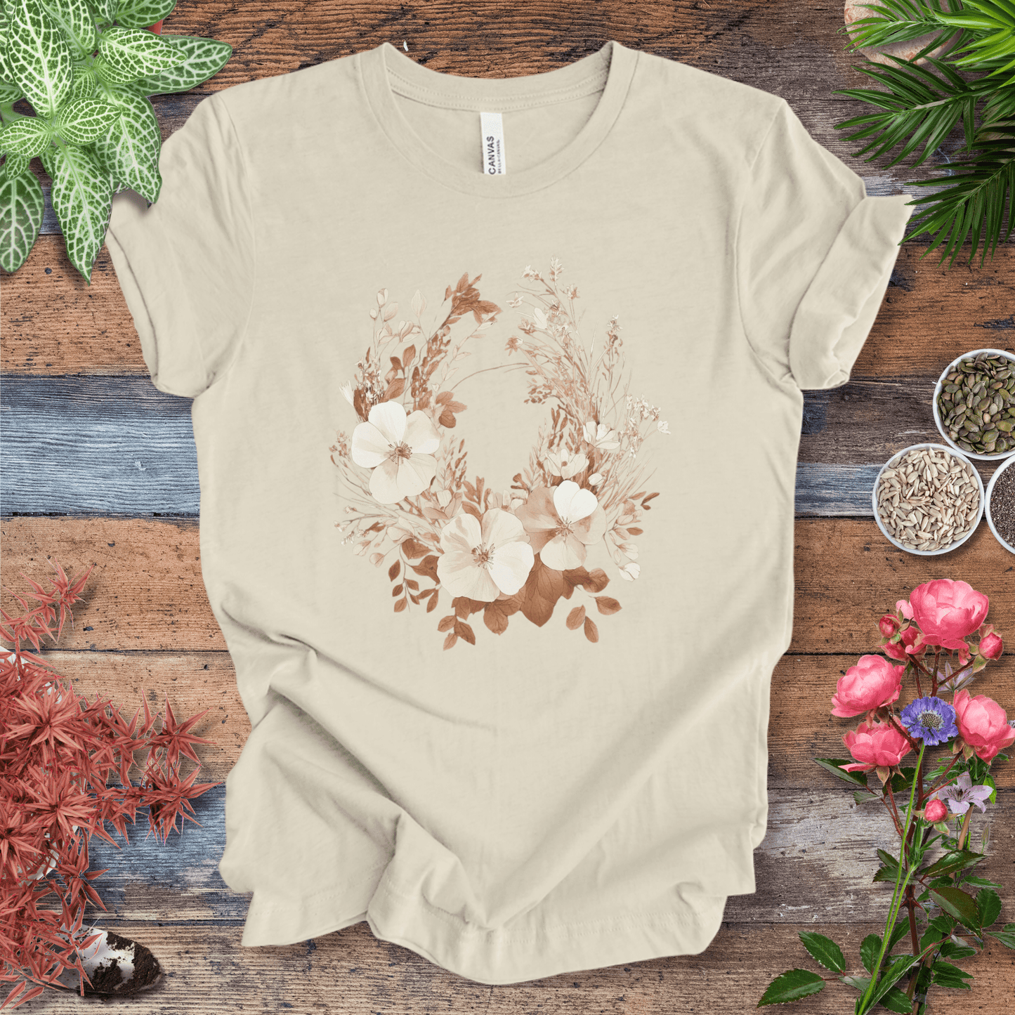 Printify T-Shirt Natural / S Rustic Floral Wreath Botanical T-Shirt