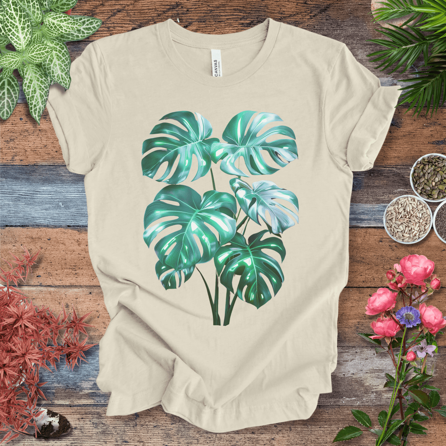 Printify T-Shirt Natural / S Shiny Monstera Leaf Jungle Aesthetic Plant Lover T-Shirt