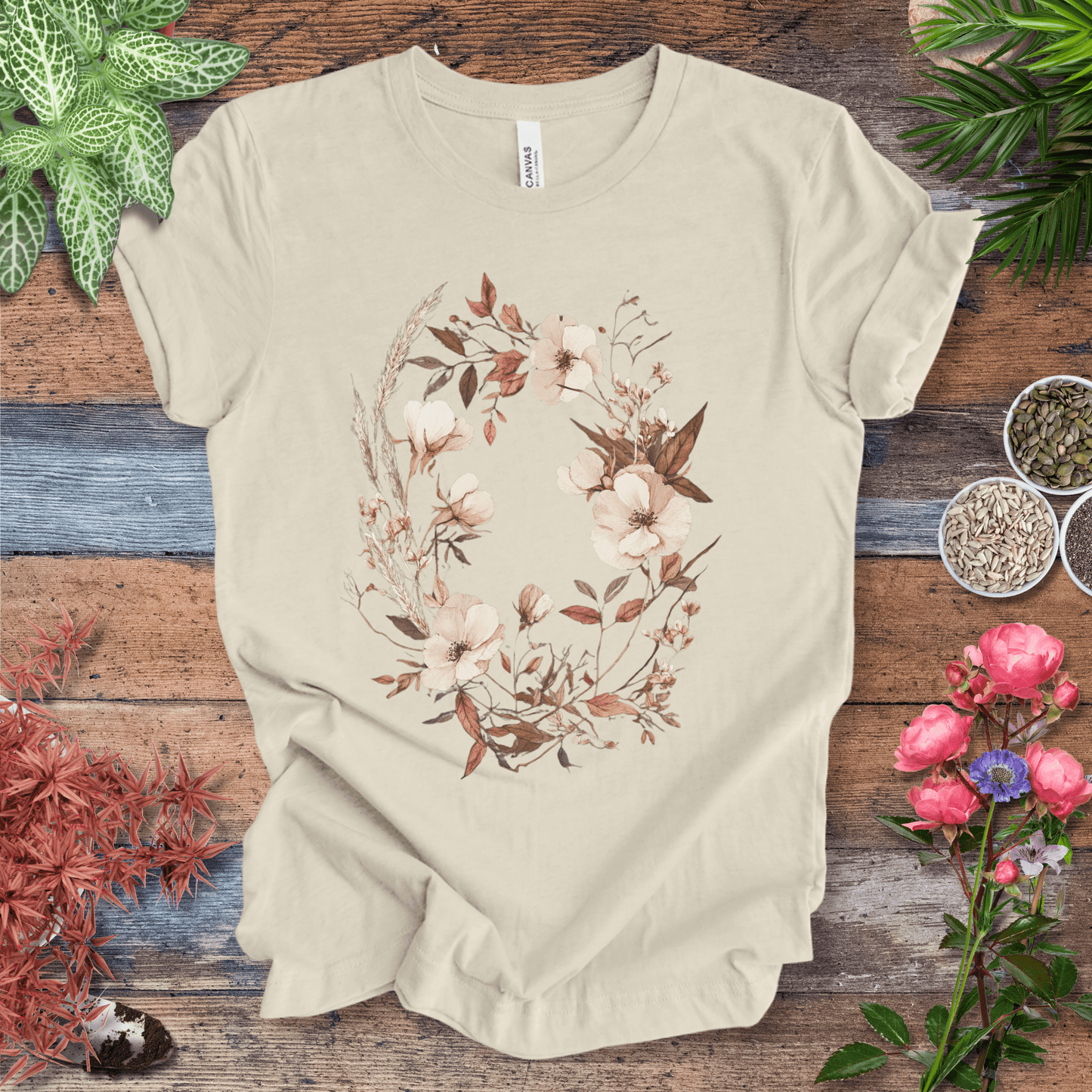 Printify T-Shirt Natural / S Vintage Floral Wreath Botanical T-Shirt
