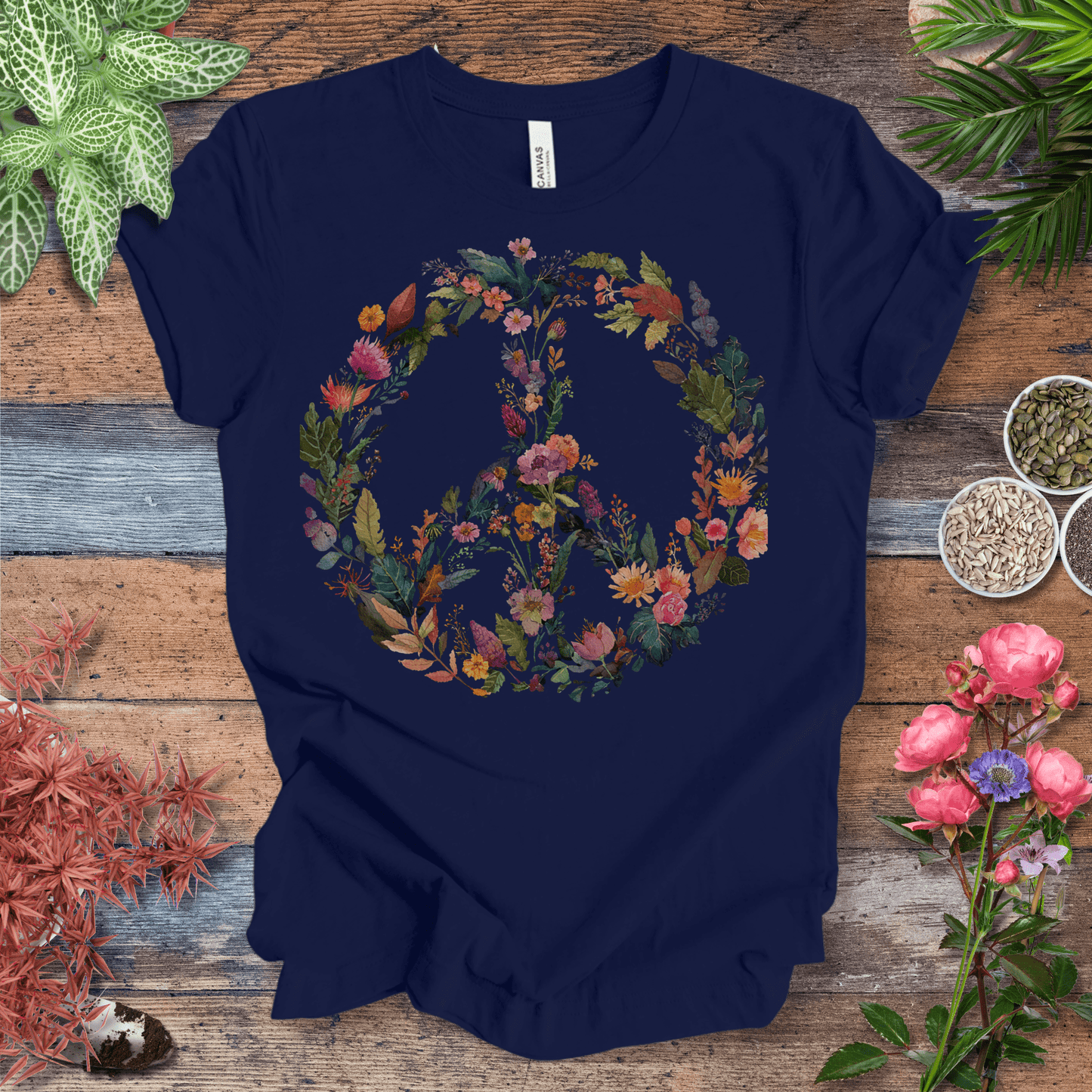 Printify T-Shirt Navy / S Autumn Floral Peace Wreath Tee – Fall Color Botanical T-Shirt | Sustainable Garden Lover Shirt | Plant Parent Gift